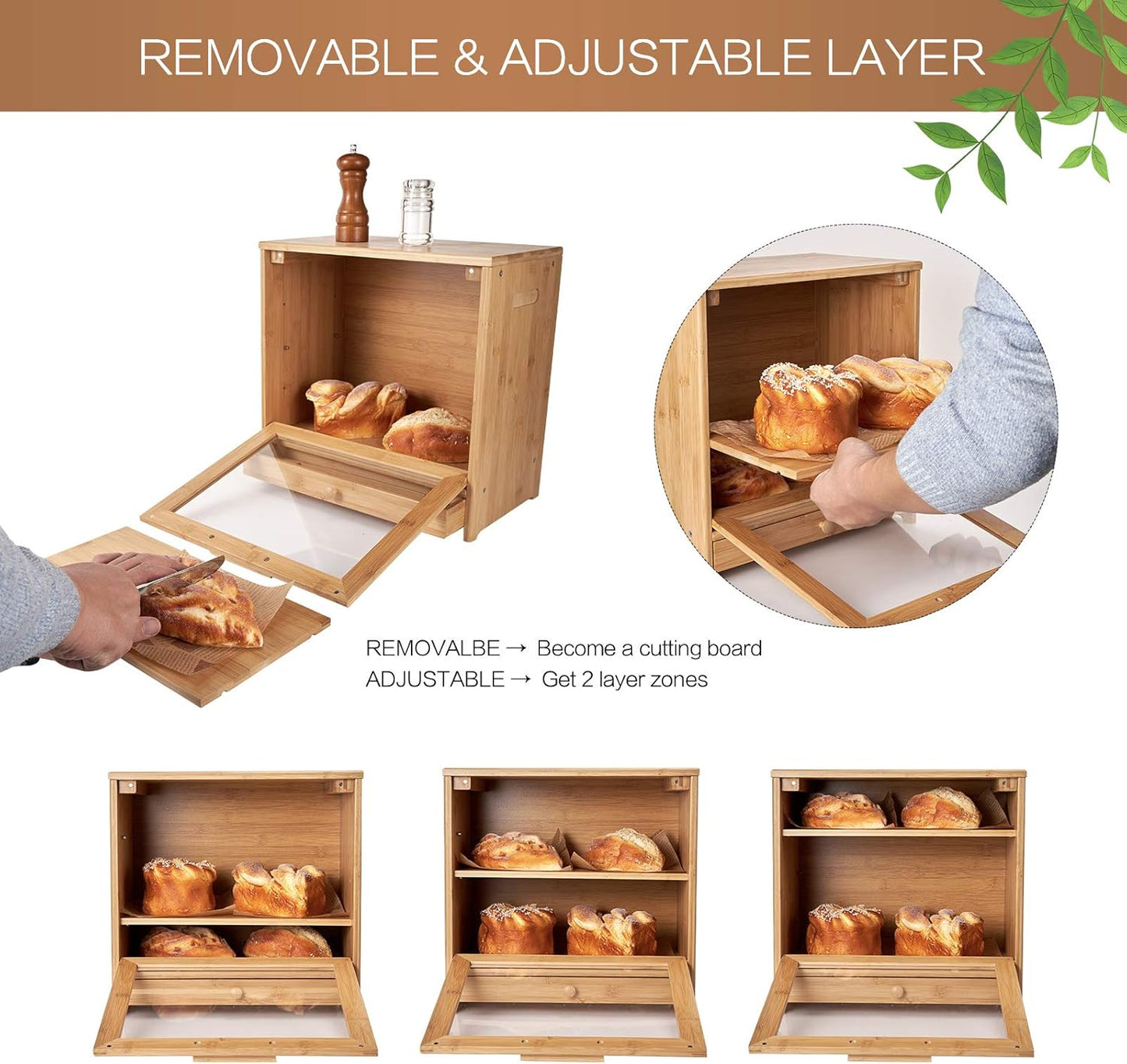 Large Bamboo Bread Box for Kitchen Countertop, Double Layer Bread Boxes for Kitchen Counter with Utensil Tray Drawer Organizer, Large Capacity Bread Storage Container