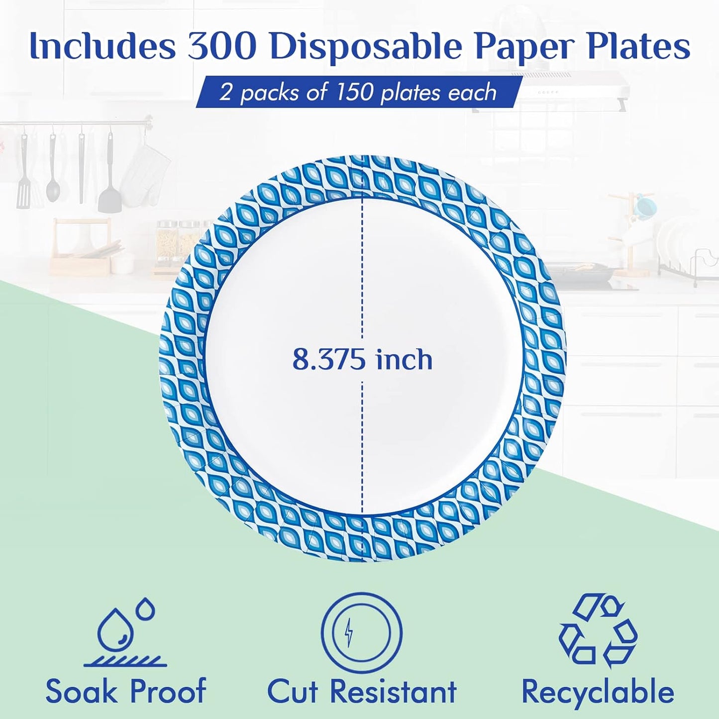 MUCHII 8.375 Inch Disposable Paper Plates, 300 Count Soak and Cut Proof Printed Paper Plates for Daily Use, Holiday for Family Gatherings, Parties, Picnic