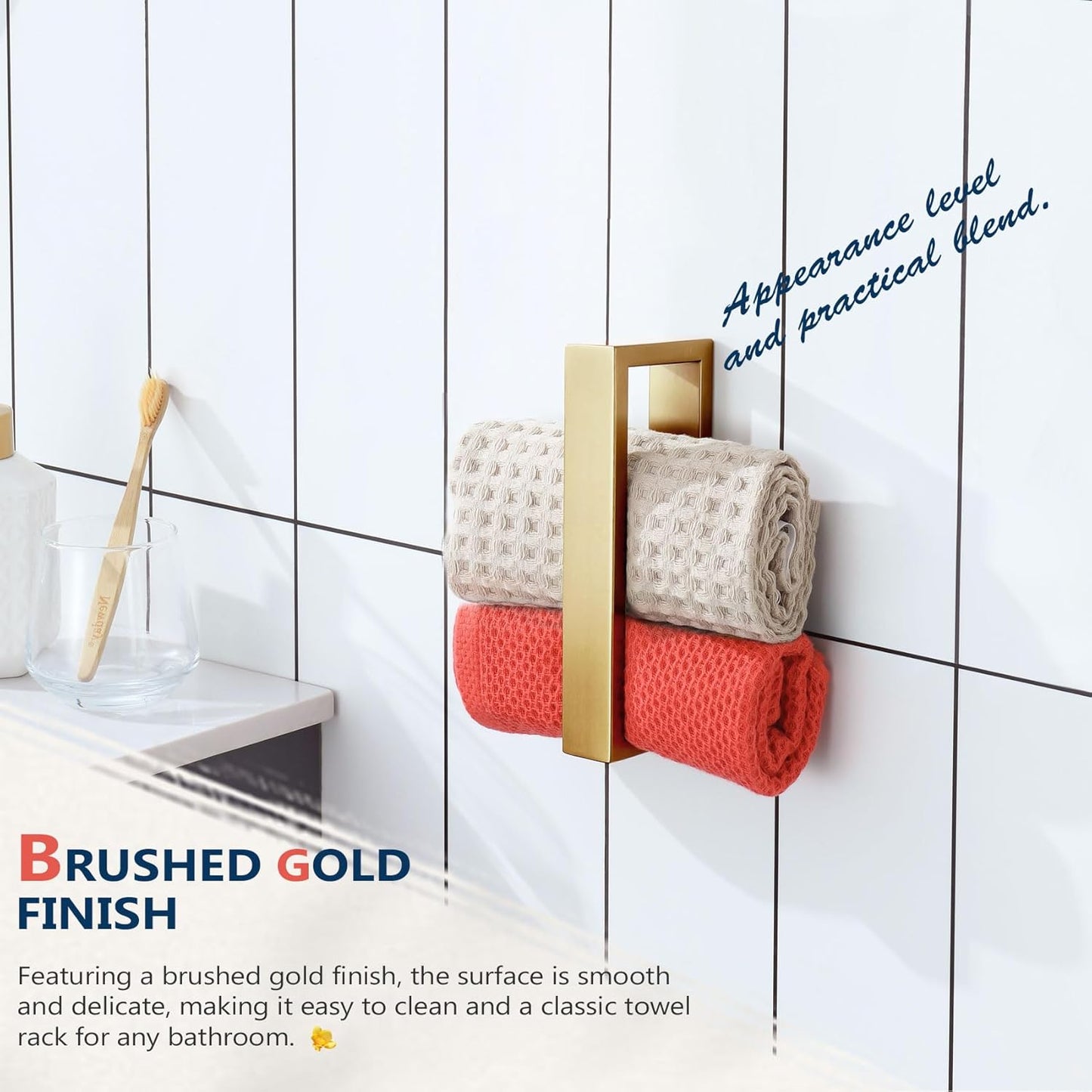 KOKOSIRI Towel Rings Brushed Gold Hand Towel Bars 9-Inch Kitchen Towel Rack Stainless Steel Bathroom Hardware Wall Mounted, 2 Pack B4008BG-L9-P2