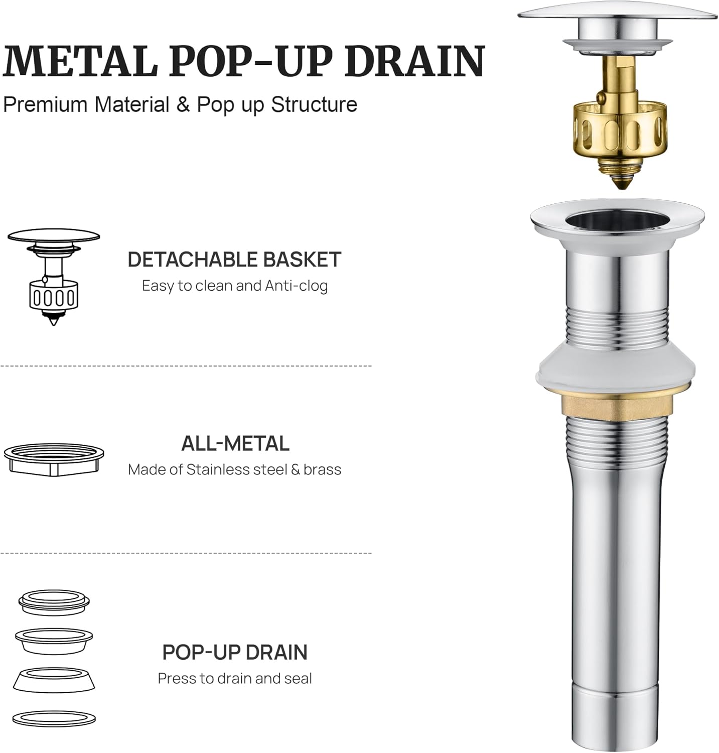 Pop up Sink Drain Stopper for Bathroom Vessel Vanity Sink Art Basin Chrome, Big Cap Without Overflow, Metal Pop-up Drain Strainer with Detachable Basket Stopper