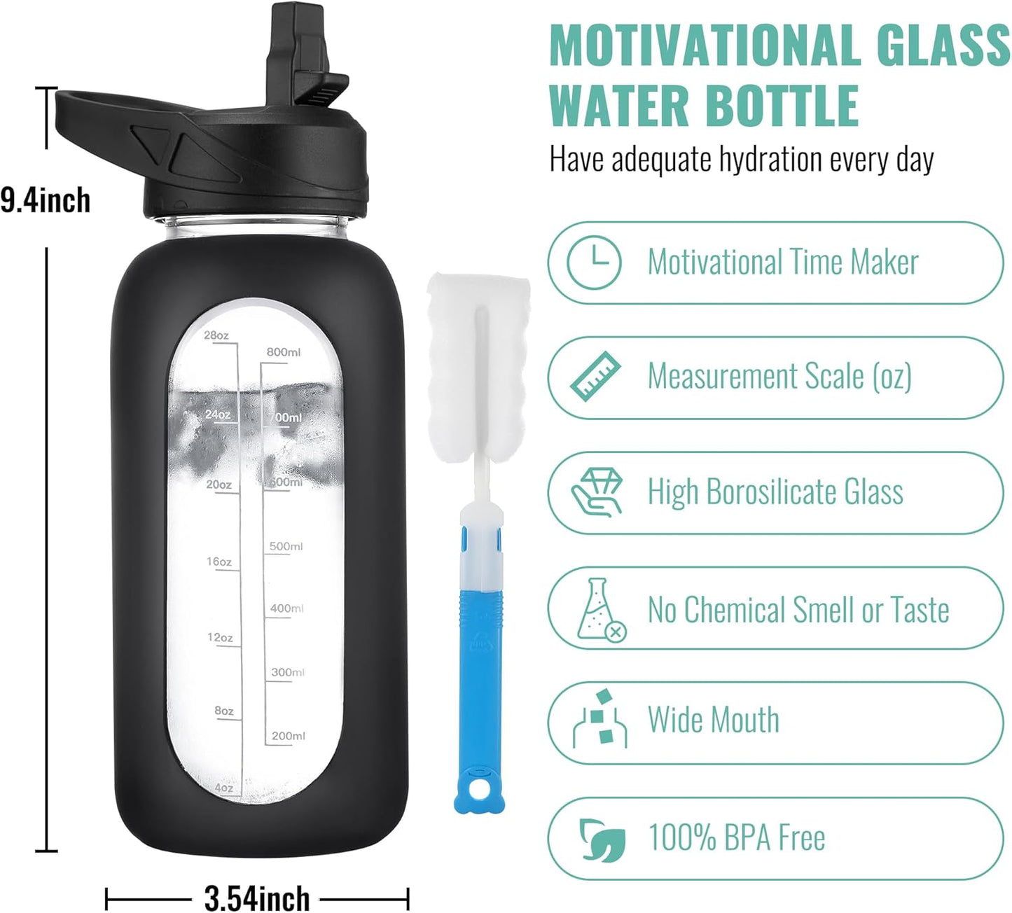 CIVAGO 40 oz Glass Water Bottle with Straw and Handle, Large Sports Motivational Water Bottle Flask with Time Marker and 2 Lids, Leakproof Water Jug Canteen with Silicone Sleeve for Gym,Camelia