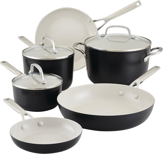 KitchenAid Hard Anodized Ceramic 9-Piece Nonstick Cookware Set – Includes Fry Pans, Saucepan, Stockpot, Durable, Even Heating, Oven Safe to 500°F, Matte Black