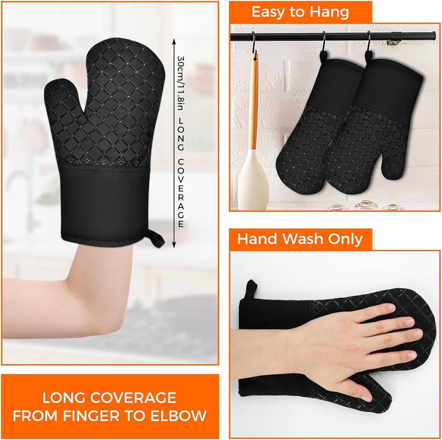 2 Pcs Oven Mitts Heat Resistant for Kitchen, Kitchen Oven Gloves, Long Oven Mitts and Pot holder with Non-Slip Silicone Stripe and Soft Cotton Lining, Silicone Oven Mitts for Cooking Baking BBQ Gloves