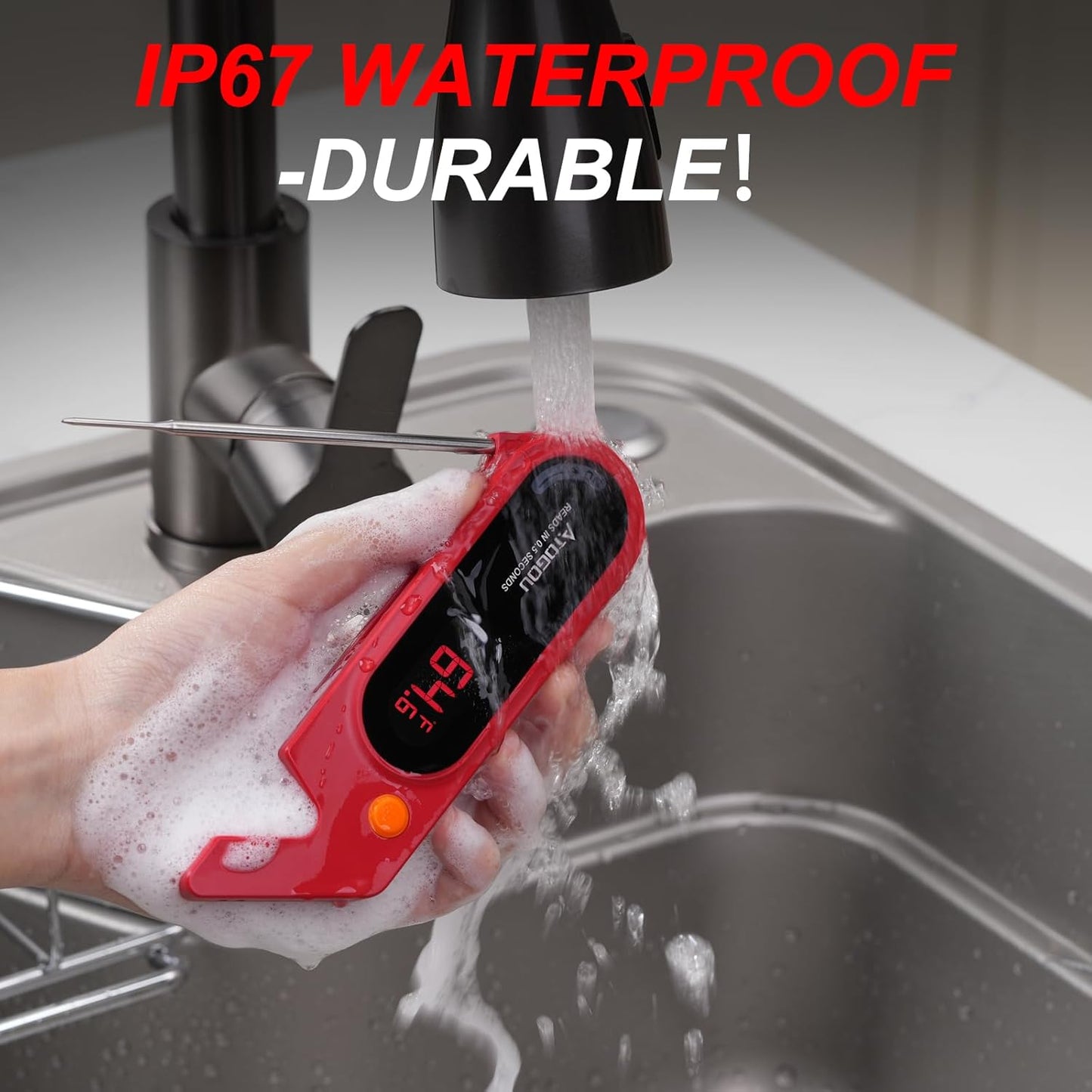 Meat Thermocouple Thermometer Digital, Ultra Fast Instant Read <1 Sec, ±0.5℉ Accuraty, IP67 Waterproof, LED Display, Auto Off, Digital Kitchen Thermometer for Meat/Candy/Grill/BBQ etc. TH-21 (Red)