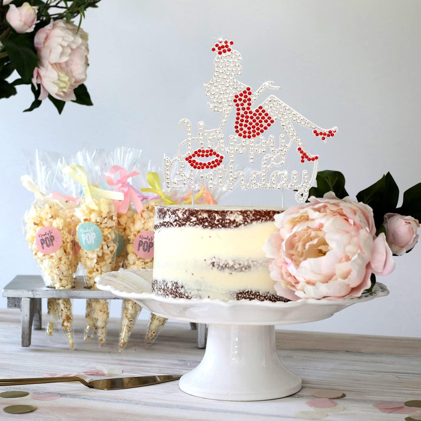 LINGTEER Happy Birthday Crown Queen Lady Rhinestone Cake Topper - Cheers to Makeup Spa Birthday Party Cake Centerpieces Decorations Gift Sign - Red.