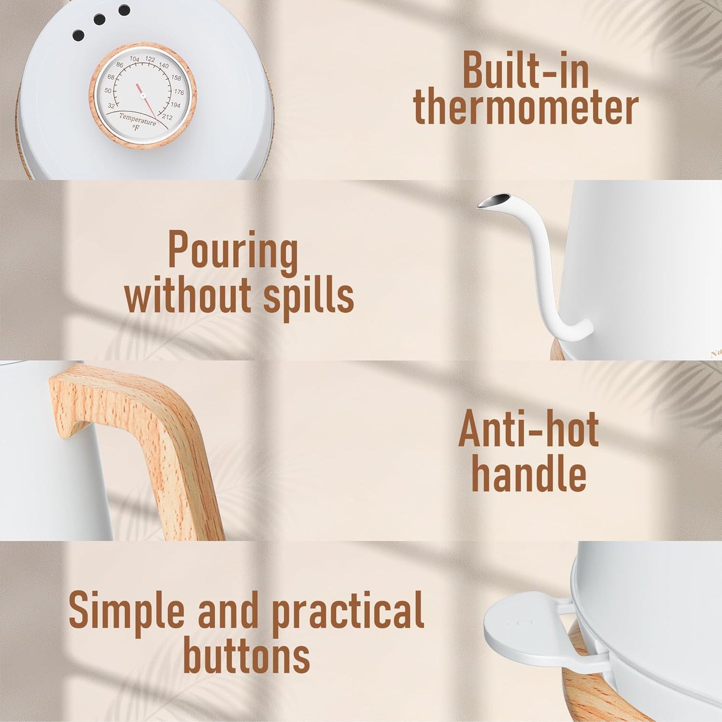 Nueve&Five Gooseneck Electric Kettle with Thermometer,Electric Tea Kettle 1L with Auto Shut-Off,1000W Hot Water Kettle of Stainless Steel for Coffee & Tea -White