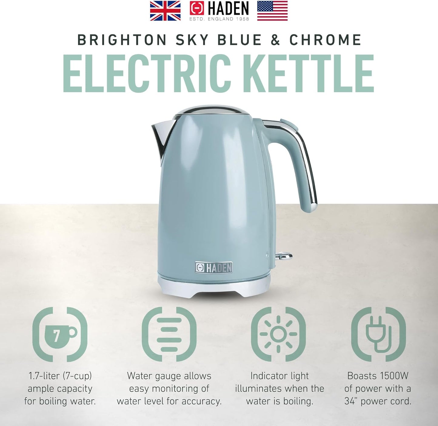 Haden Brighton Electric Kettle, Cordless 1.7 Liter Hot Water Boiler with Chrome Accents, Retro Style, and Auto Shut Off, Sky Blue