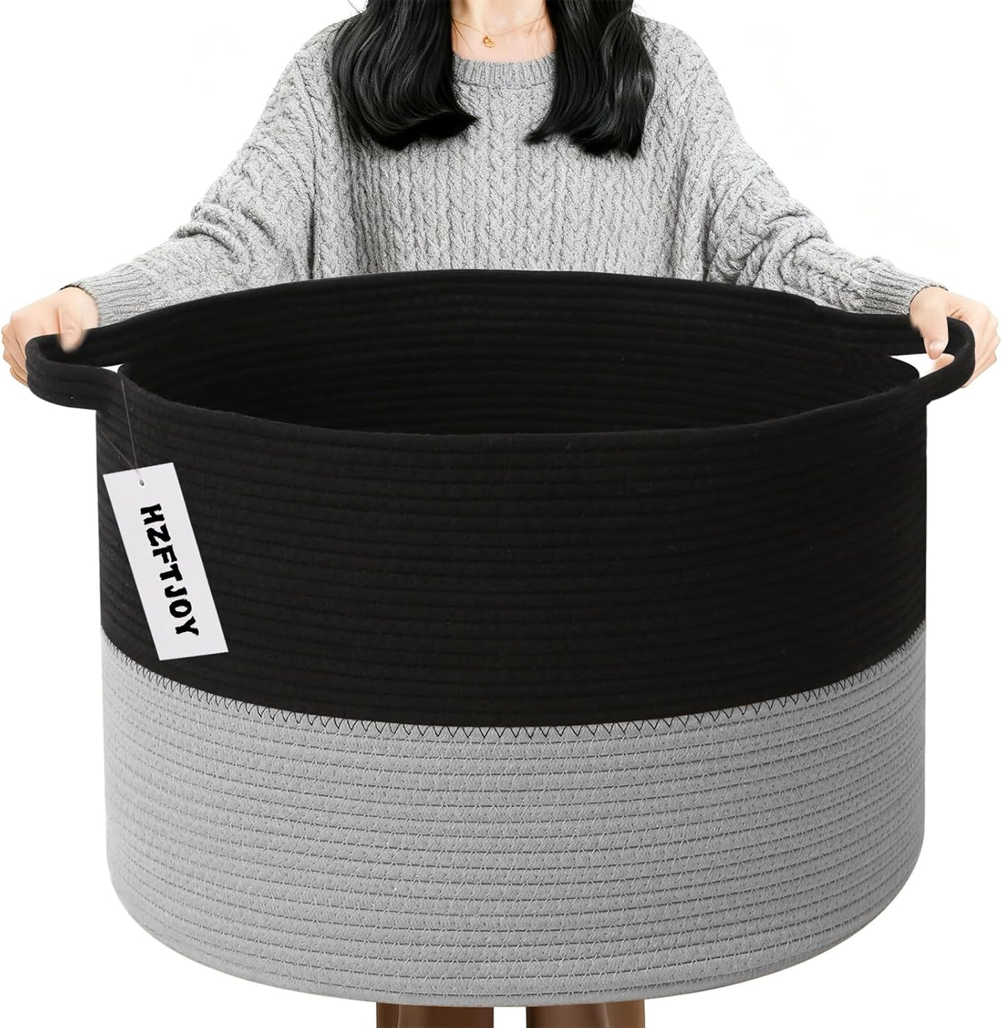 Large Blanket Basket for Organizing,65L Closet Organizers and Storage Bins Box for Shelves Woven Rope Storage Baskets,Living Room,Bedroom,Dorm,Laundry room (Black&Light Grey)