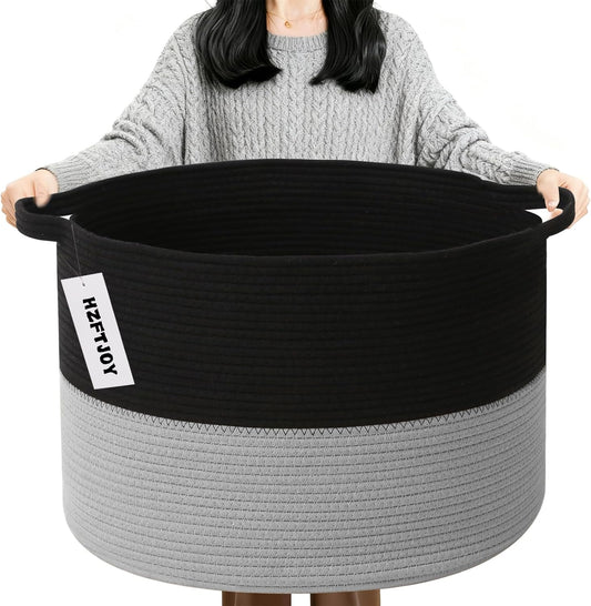 Large Blanket Basket for Organizing,115L Closet Organizers and Storage Bins Box for Shelves Woven Rope Storage Baskets,Living Room,Bedroom,Dorm,Laundry room (Black&Light Grey)