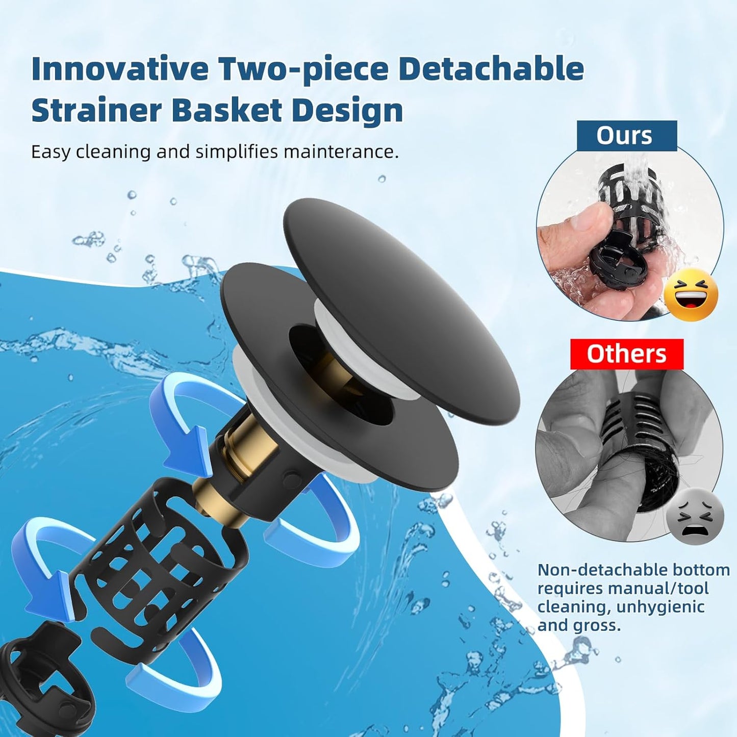 Hibbent 2 Pack Upgraded 3 in 1 Bathroom Sink Drain Strainer, Pop Up Sink Stopper with Big Push Cap, Anti-Clogging Metal Filter Basket,Sink Plug with Hair Catcher for 1.1''~2.36'' Basin, Matte Black