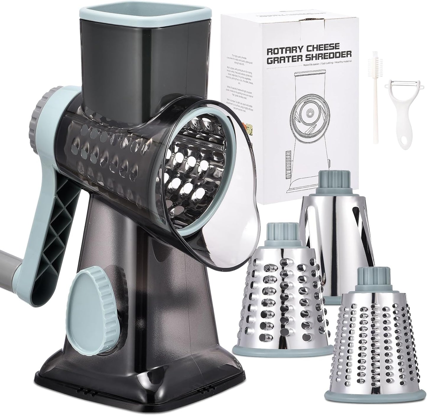 Rotary Cheese Grater Hand Crank Cheese Shredder Vegetable Mandoline Slicer for Kitchen 3 in 1 Changeable Blades for Cheese Potato Nuts Chocolate Ice(GreyBlue)