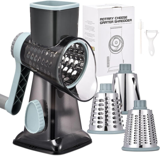 Rotary Cheese Grater Hand Crank Cheese Shredder Vegetable Mandoline Slicer for Kitchen 3 in 1 Changeable Blades for Cheese Potato Nuts Chocolate Ice(GreyBlue)
