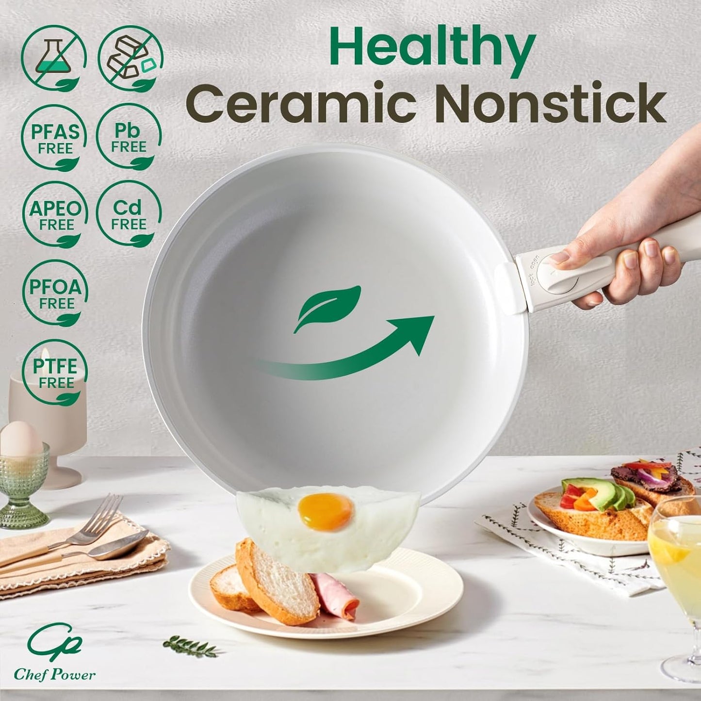 Chef Power Ceramic Nonstick Pots and Pans Set 19 Piece with Detachable Handle, Induction Dishwasher Oven Safe Cookware Set, RV Kitchen Set Removable Handle, Granite Grey and White