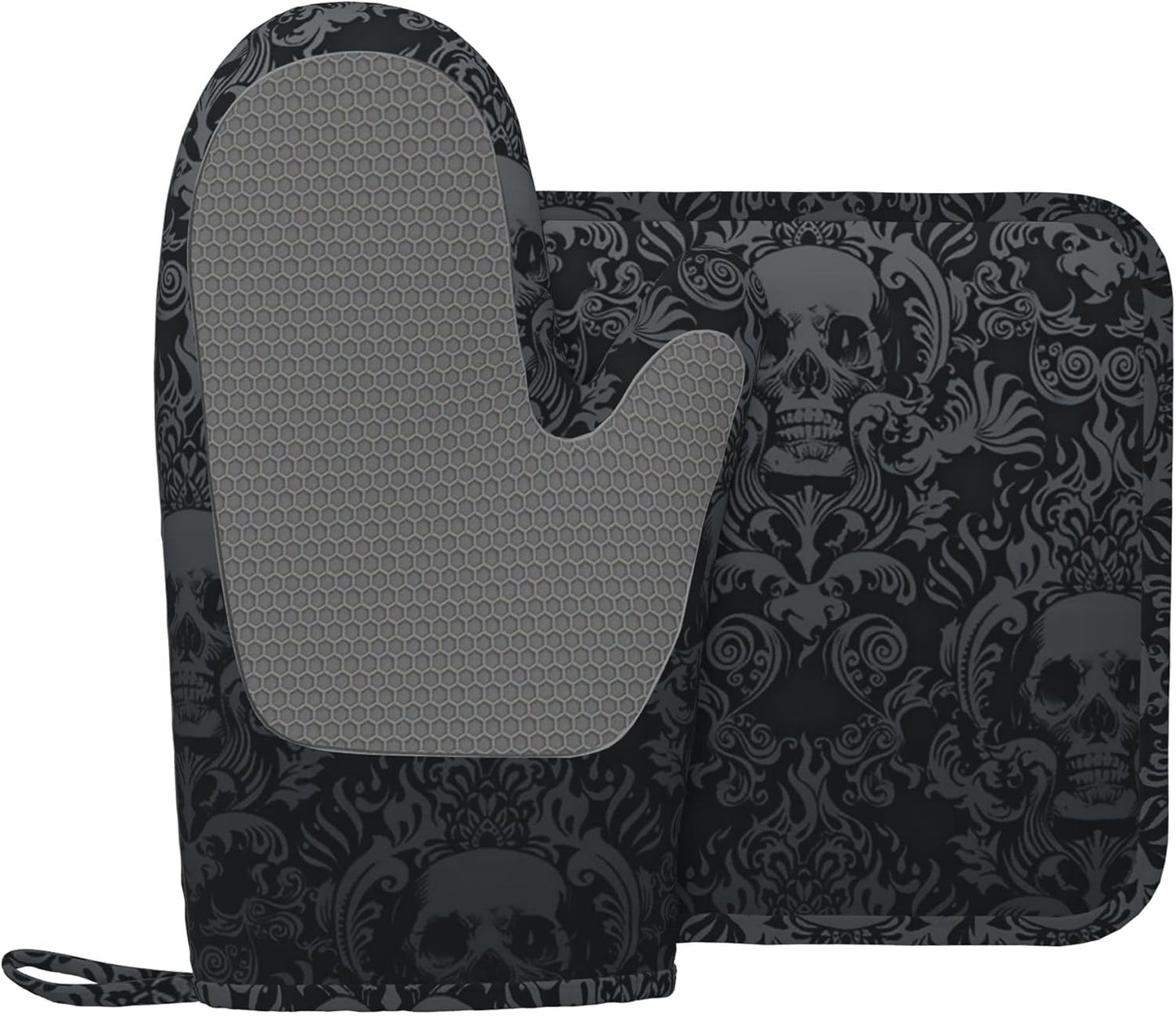 Gothic Skull Oven Mitts and Pot Holders Sets of 4,Resistant Hot Pads with Silicone Non-Slip BBQ Gloves for Kitchen,Cooking,Baking,Grilling