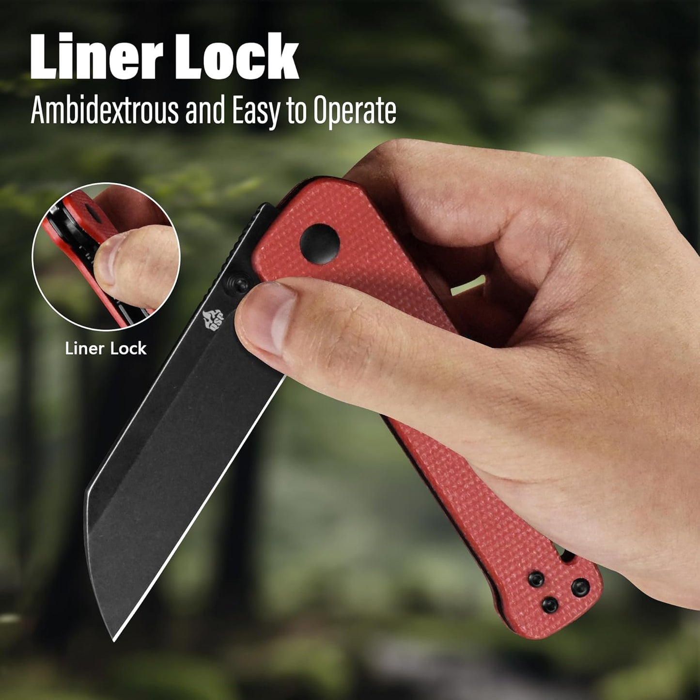 QSP Penguin V2 Folding Pocket Knife, 3.06" D2 Black Stonewash Blade EDC Knife, Red Micarta Handle, Liner Lock, Ceramic Ball Bearings, Reversible SS Deep Carry Clip