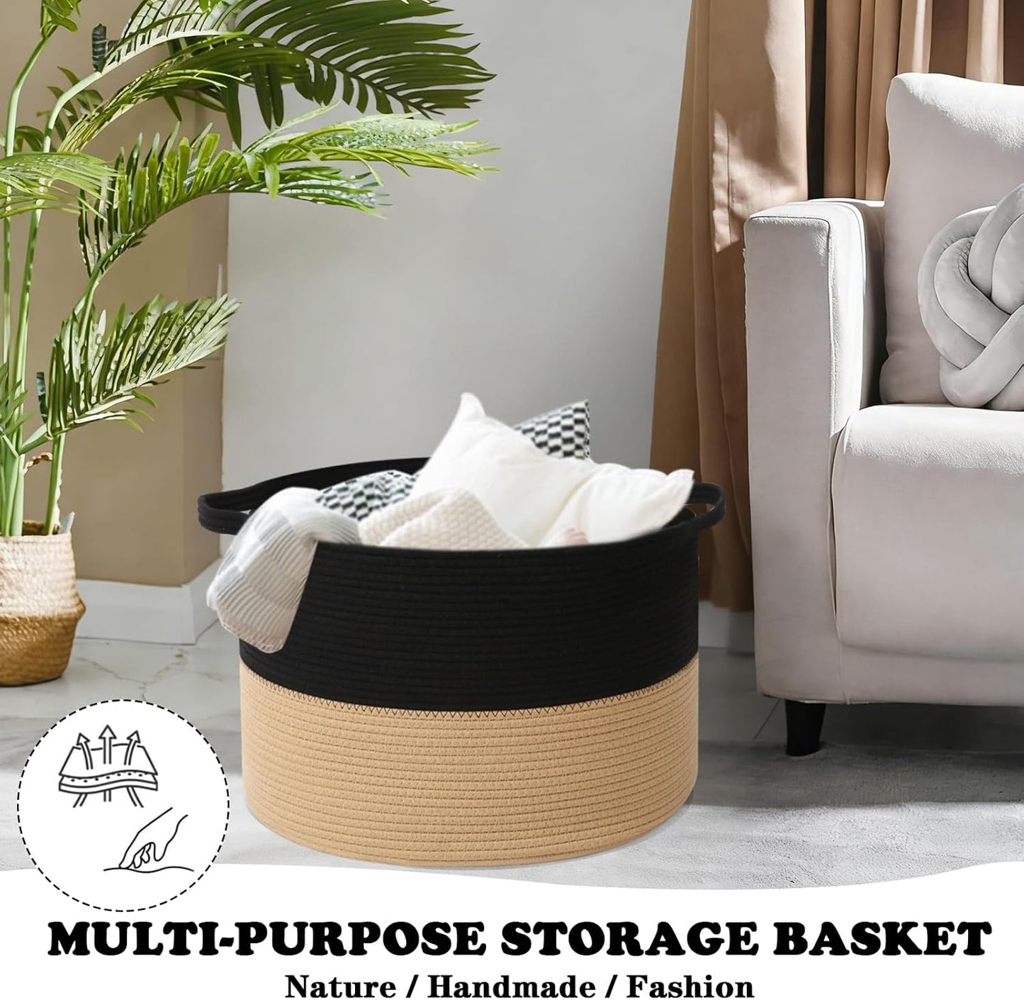 Large Blanket Basket for Organizing,115L Closet Organizers and Storage Bins Box for Shelves Woven Rope Storage Baskets,Living Room,Bedroom,Dorm,Laundry room (Black&Camel)