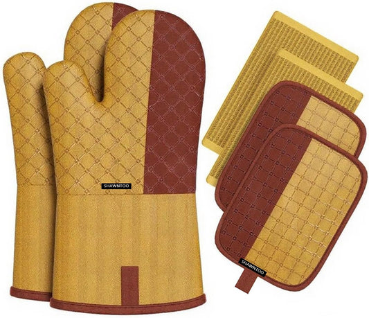 Oven Mitts and Pot Holders Sets 6pcs, Kitchen Oven Glove,High Heat Resistant 550 Degree Extra Long Oven Mitts and Potholders with Non-Slip Silicone Surface for Home Essentials (Grey) (Butter Yellow)