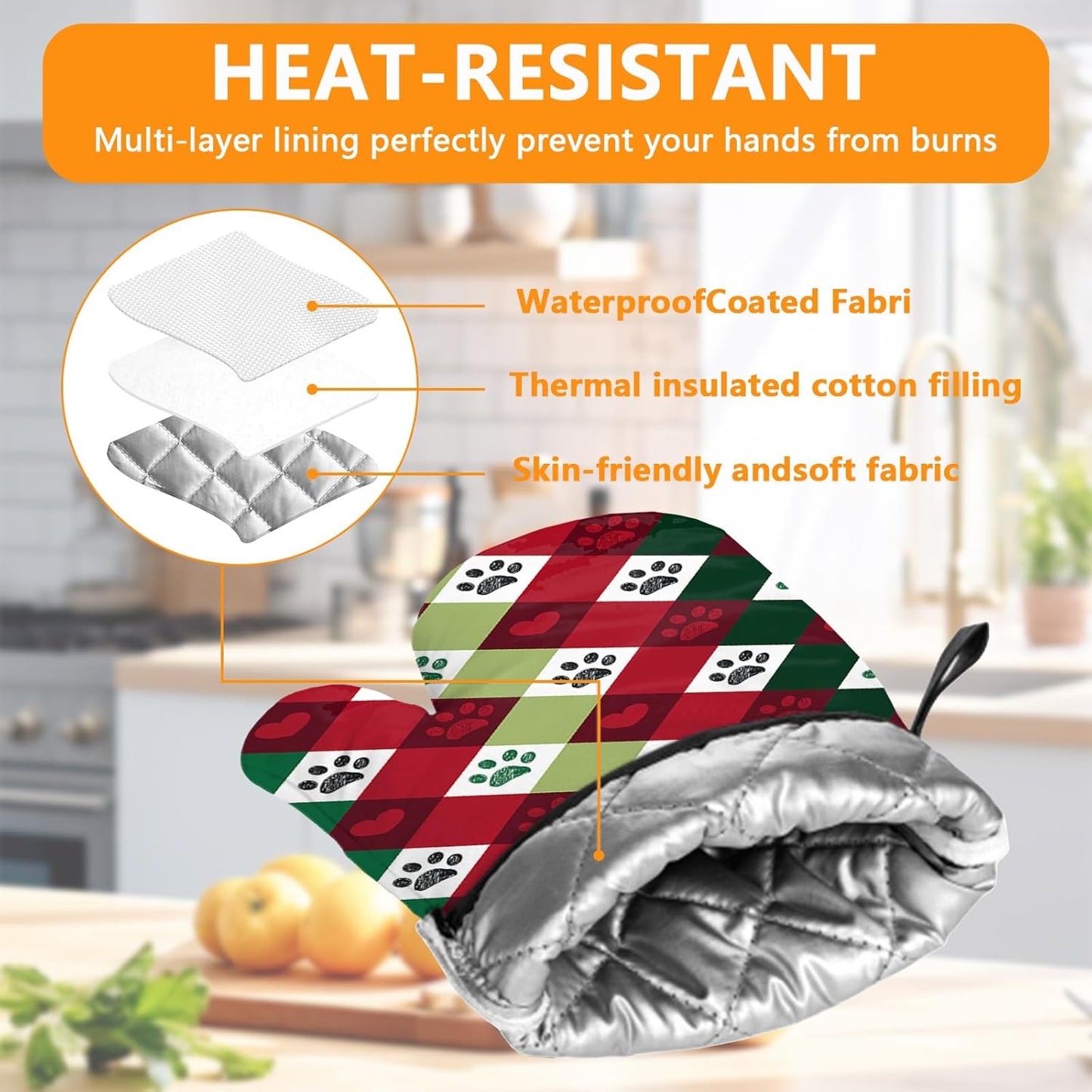 Red Green Dog paw Oven Mitts and Pot Holders Sets 4Pcs,Extra Long Oven Gloves Potholder for Kitchen Cooking Baking BBQ 100% Cotton Heat Resistant