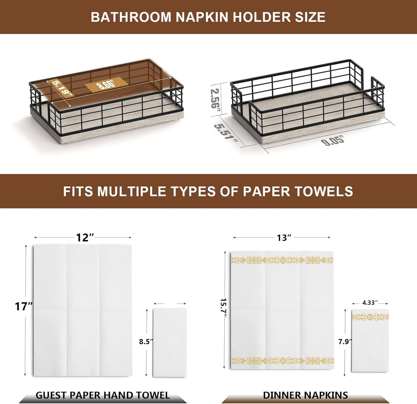 Wican Guest Towel Holder Tray for Bathroom, Ash and Iron Napkins Holder for Powder Room Dinning Table Wooden Basket for Disposable Paper Hand Towels Black and Ash