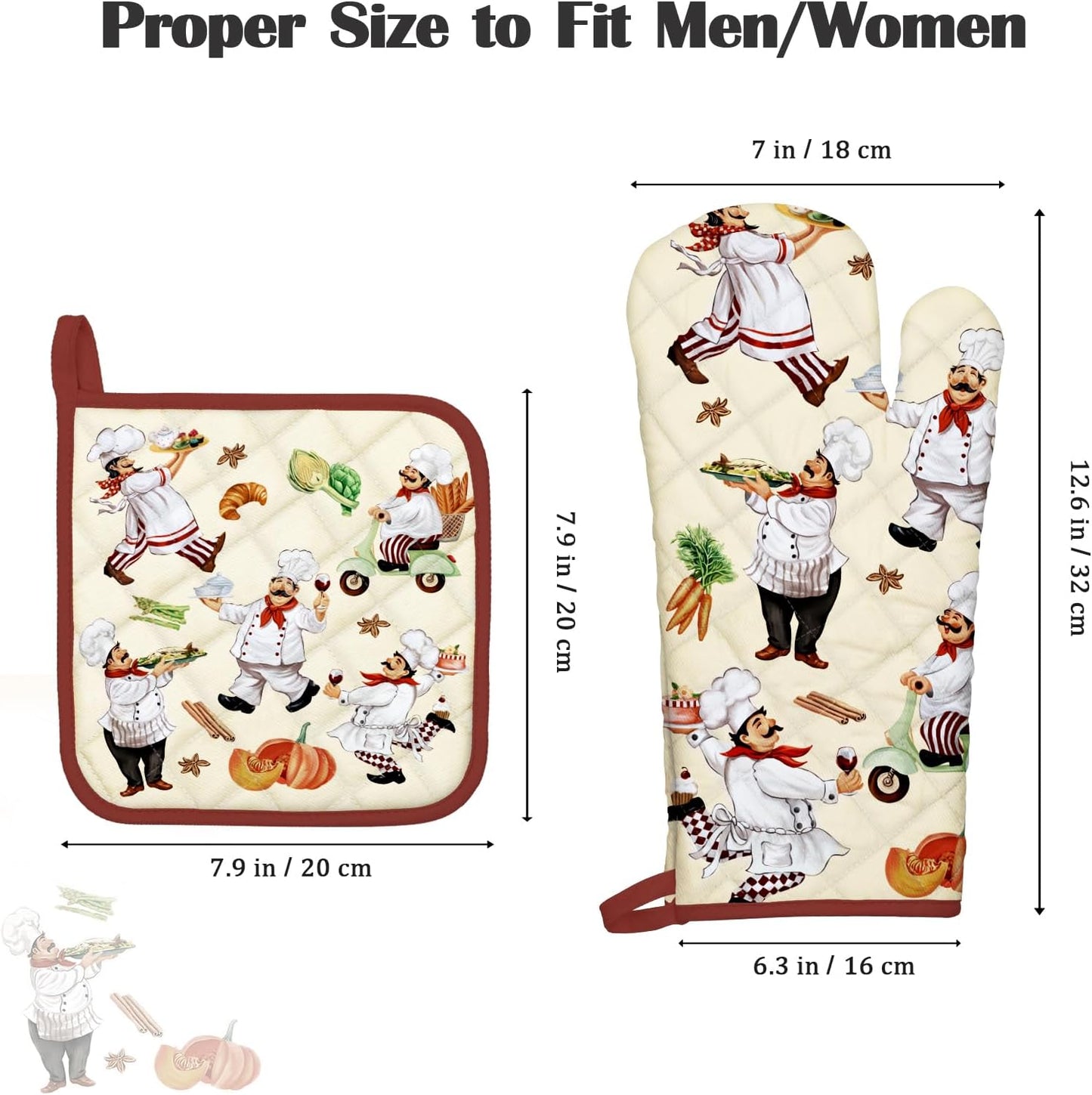 Chef Oven Mitts and Pot Holders Sets 2Pcs, 100% Cotton Heat Resistant, Extra Long Oven Gloves Potholder for Kitchen Cooking Baking Decoration