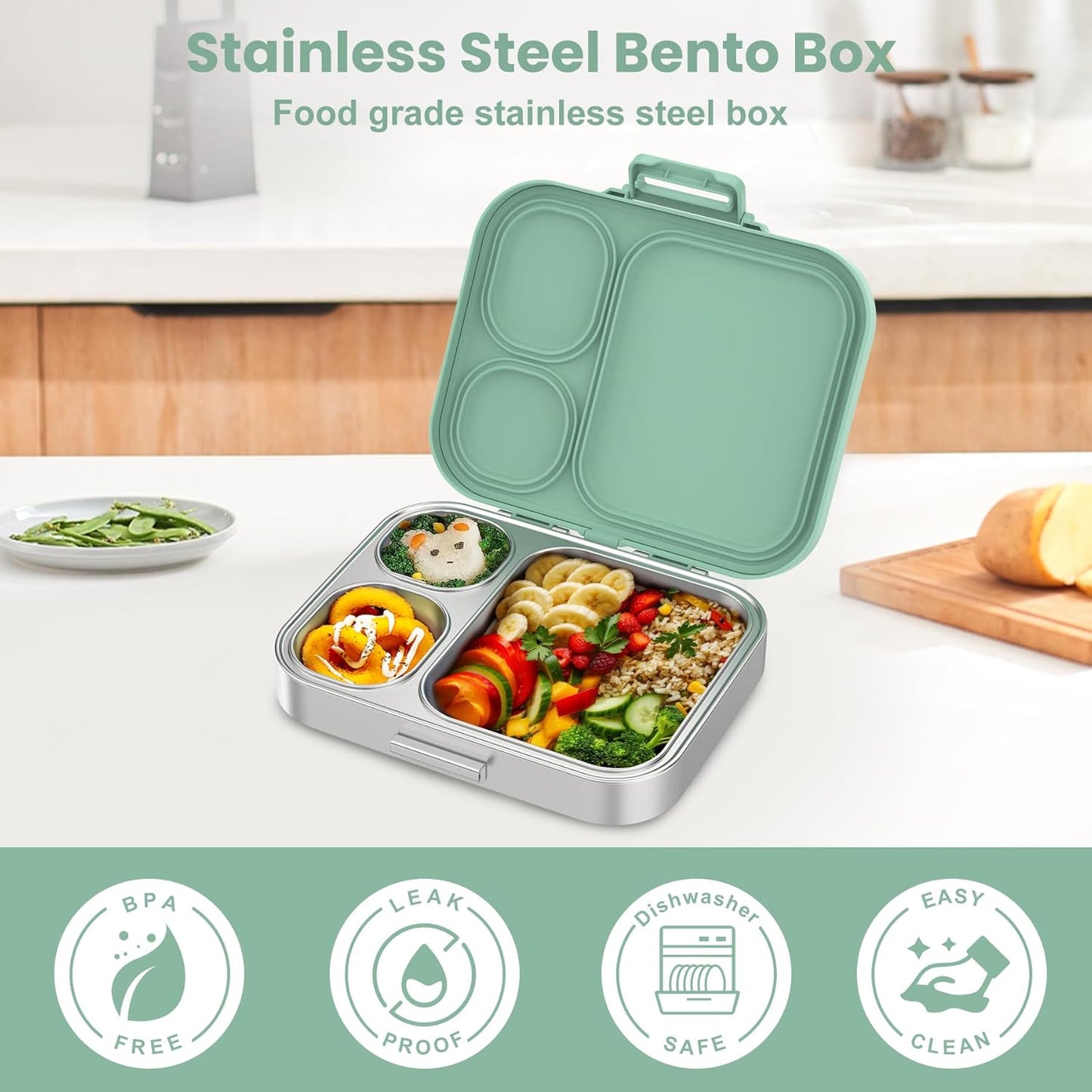 Stainless Steel Bento Lunch Box for Kids | 3-Compartment Lunch Box Container Kids | 100% Leakproof, Dishwasher-Safe, Eco-Friendly, Perfect Portion Control for Kids&Adult Healthy Meals (Green)