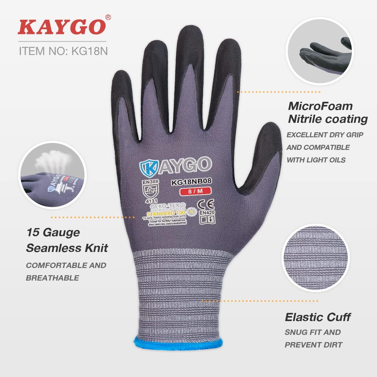 KAYGO Safety Work Gloves MicroFoam Nitrile Coated, 3 Pairs KG18NB,Seamless Knit Nylon Glove for Men and Women, Ideal for Automotive,Warehouse,Construction (Large,Gray)