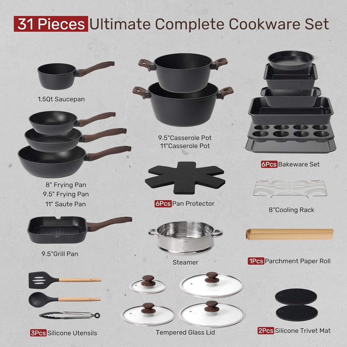 Kikcoin Pots and Pans Set Non Stick 31 Piece Kitchen Nonstick Cooking Cookware Sets with Grill Pan Saucepan Baking Sheet Utensil