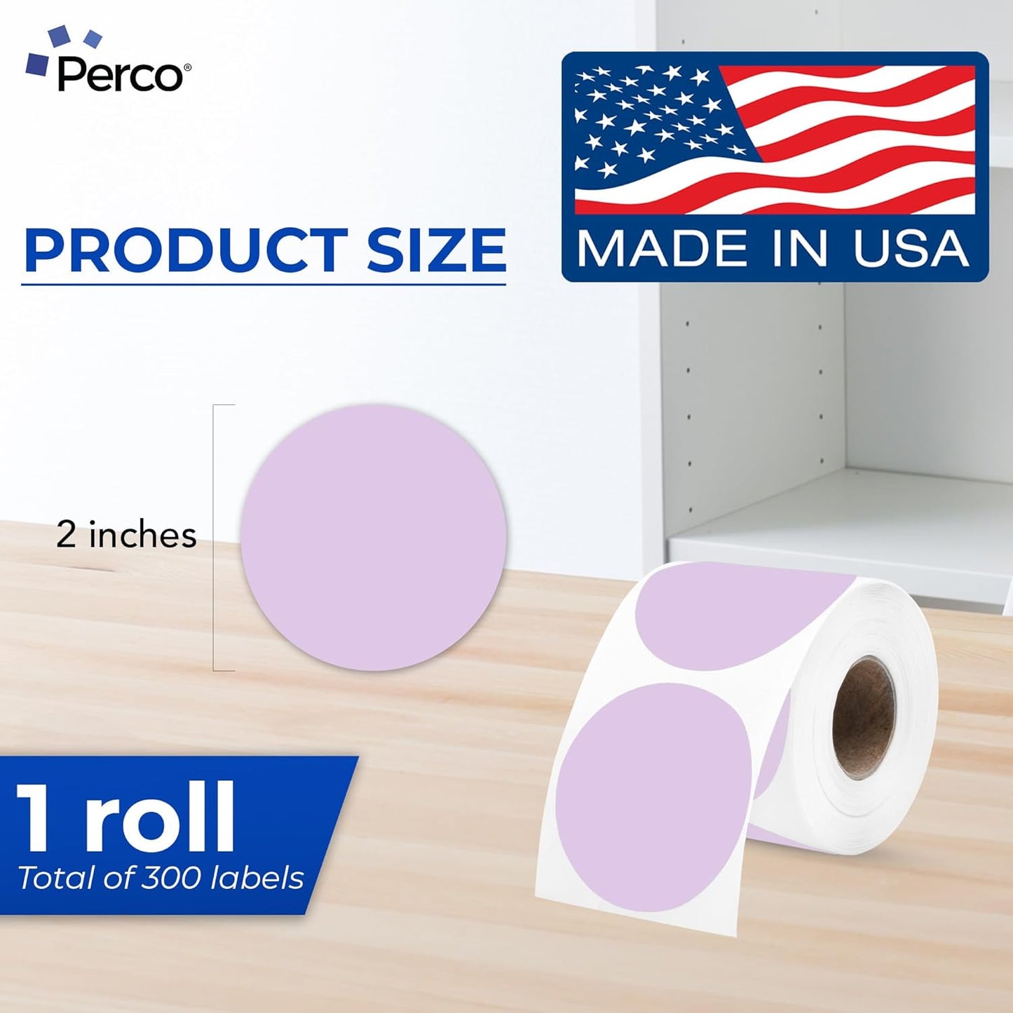 Perco Lavender 2-Inch Perforated Circle Dot Thermal Sticker Labels — 300 Stickers/Roll, Direct Thermal Printer Compatible—with Permanent Adhesive for Organizing, Color Coding, Bin Labeling—Made in USA