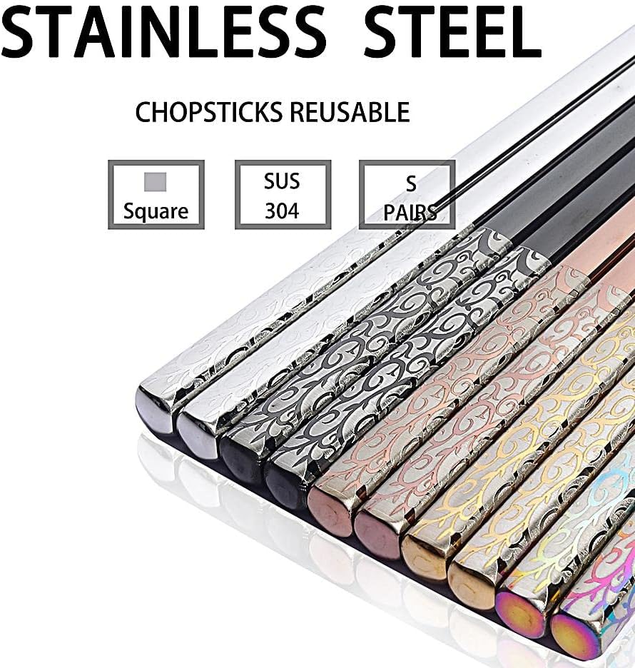 Metal Chopsticks Reusable Titanium Plated Stainless Steel Japanese Korean for Food & Cooking 9.5Inch Non-Slip for Beginners Square Laser 5 Pairs Gift Set