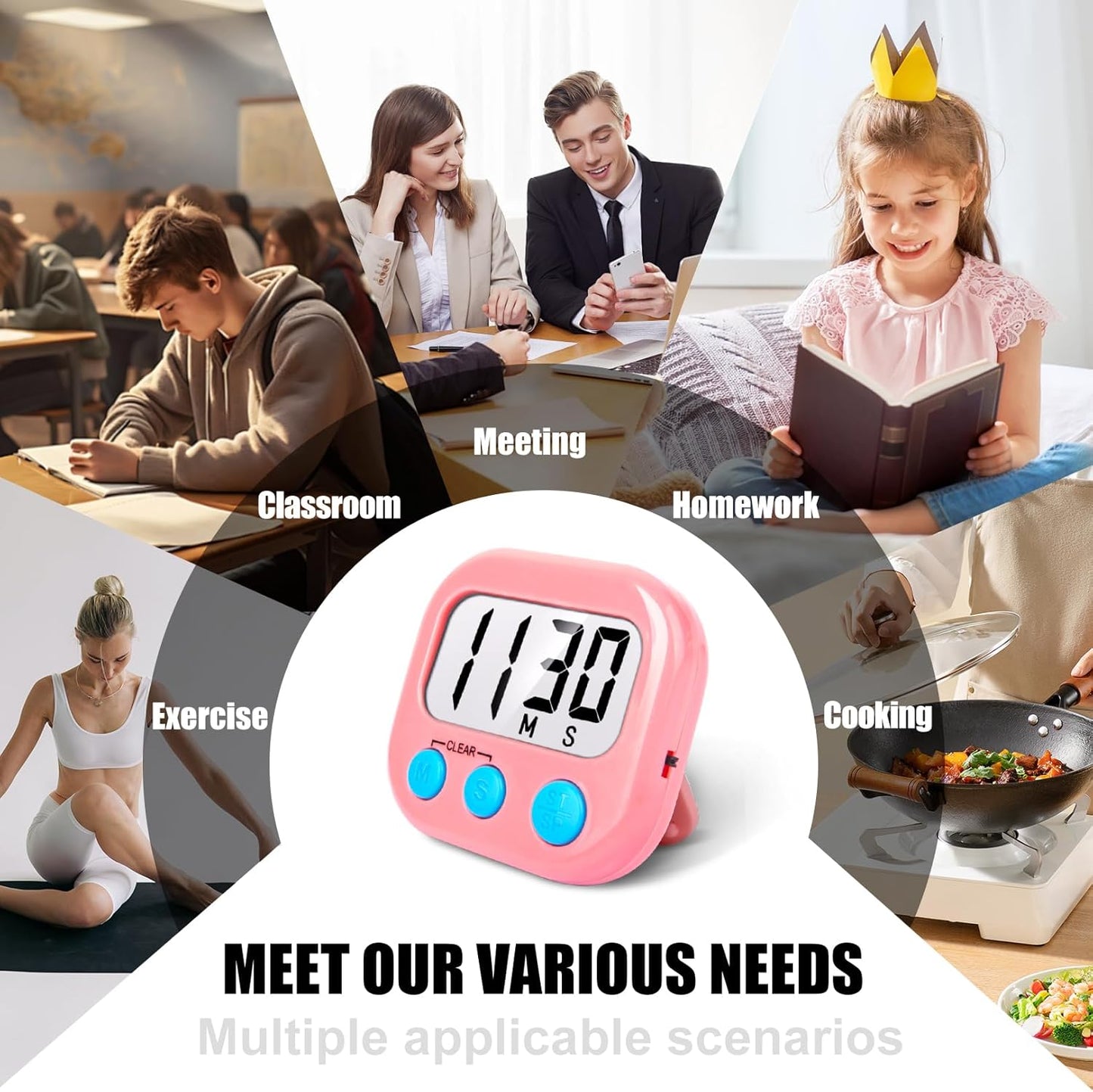 6 Pack Kitchen Timers Loud Ring Digital Timers for Cooking Magnetic Pink