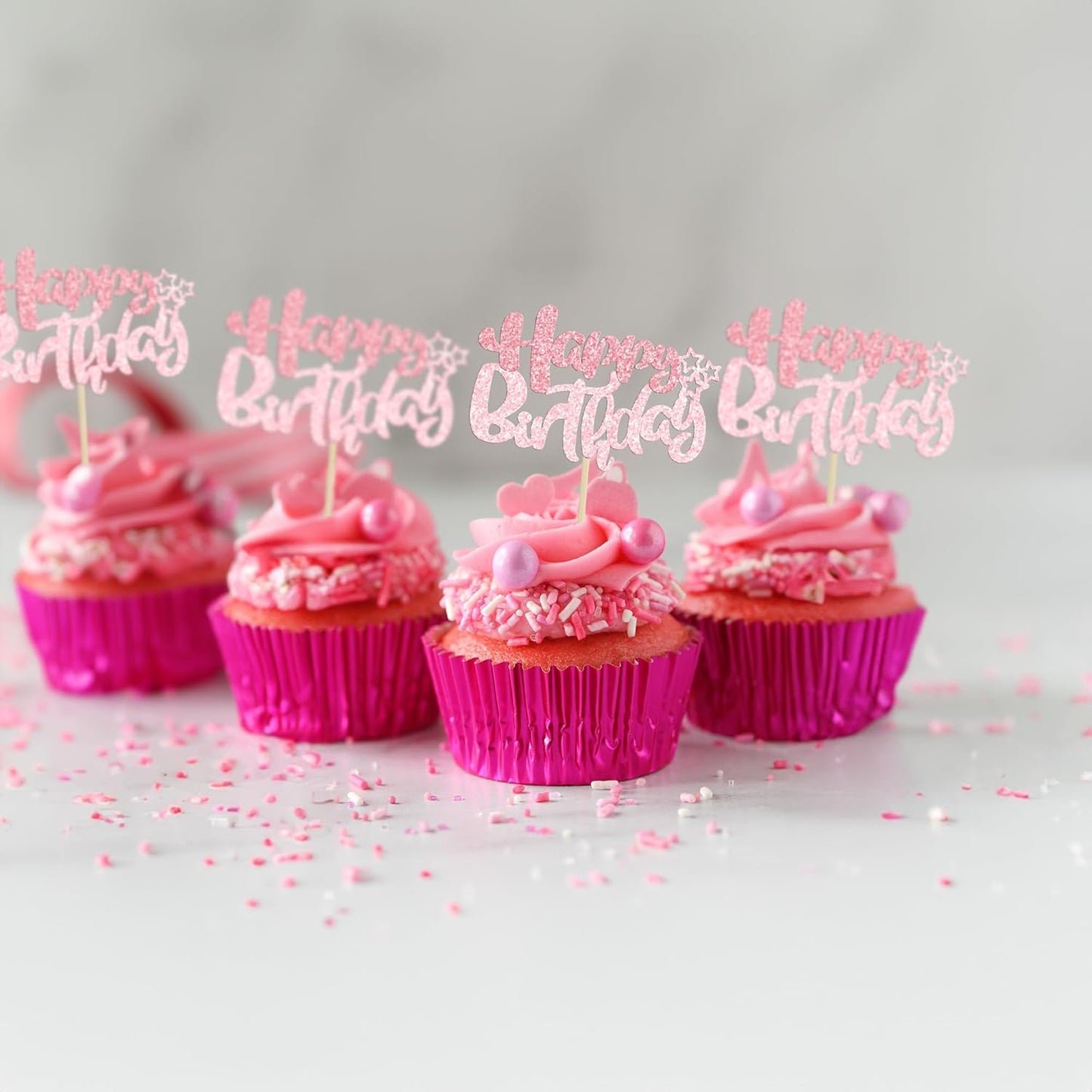 Ephlyn 24Pcs Pink Light Pink Happy Birthday Cupcake Toppers for Baby Shower, Kids Boys Girls Birthday Anniversary Party Cake Decorations