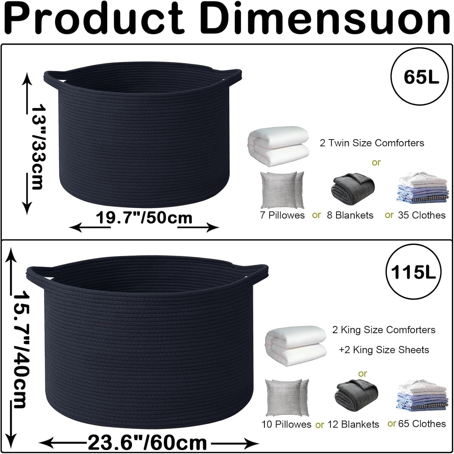 Large Blanket Basket for Organizing,115L Closet Organizers and Storage Bins Box for Shelves Woven Rope Storage Baskets,Living Room,Bedroom,Dorm,Laundry room (Navy)