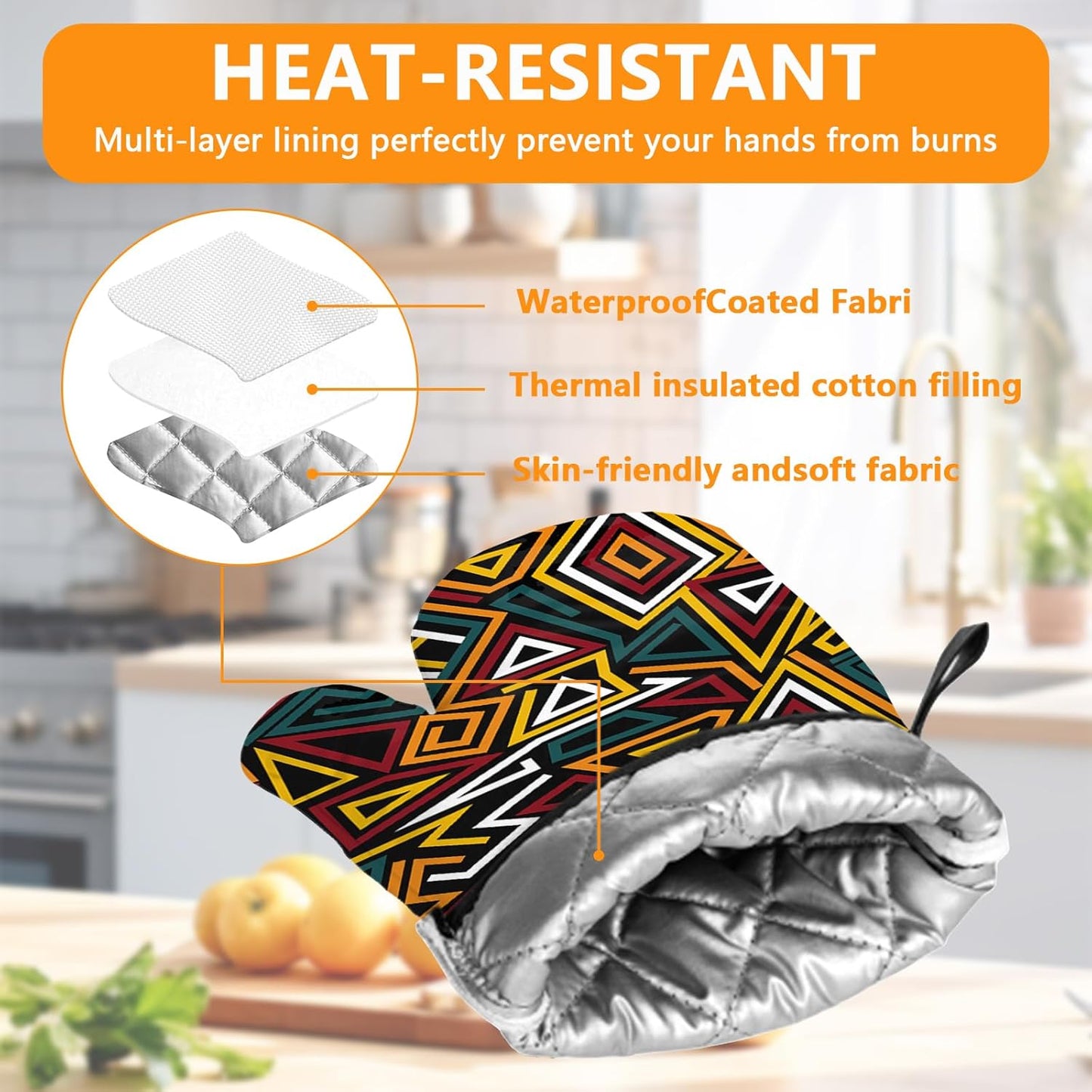 African Geometric Oven Mitts and Pot Holders Sets 4Pcs,Extra Long Oven Gloves Potholder for Kitchen Cooking Baking BBQ 100% Cotton Heat Resistant