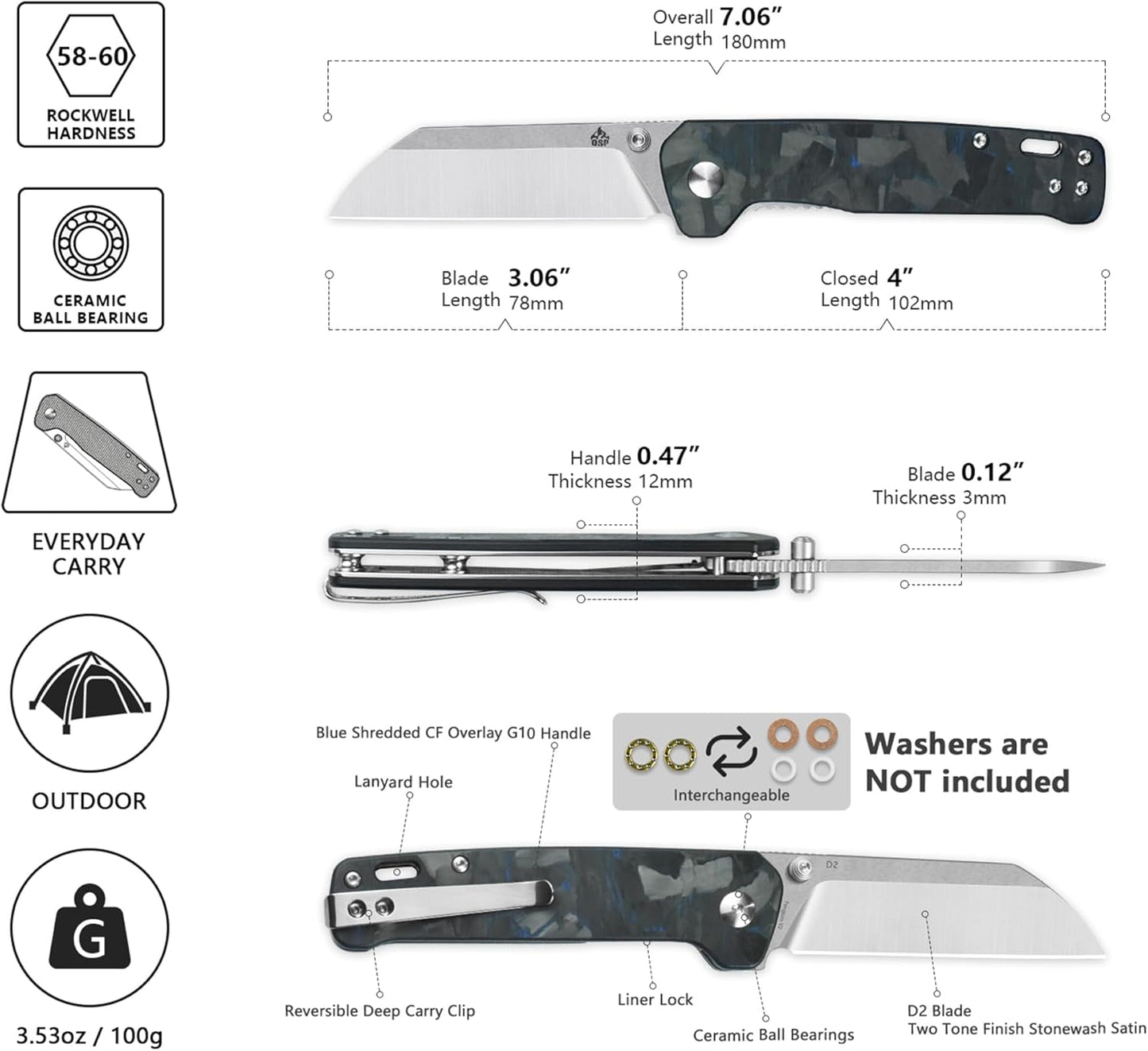 QSP Penguin V2 Folding Pocket Knife, 3.06" D2 Two Tone Finish Stonewash Satin Blade EDC Knife, Blue Shredded CF Overlay G10 Handle, Liner Lock, Ceramic Ball Bearings, Reversible SS Deep Carry Clip