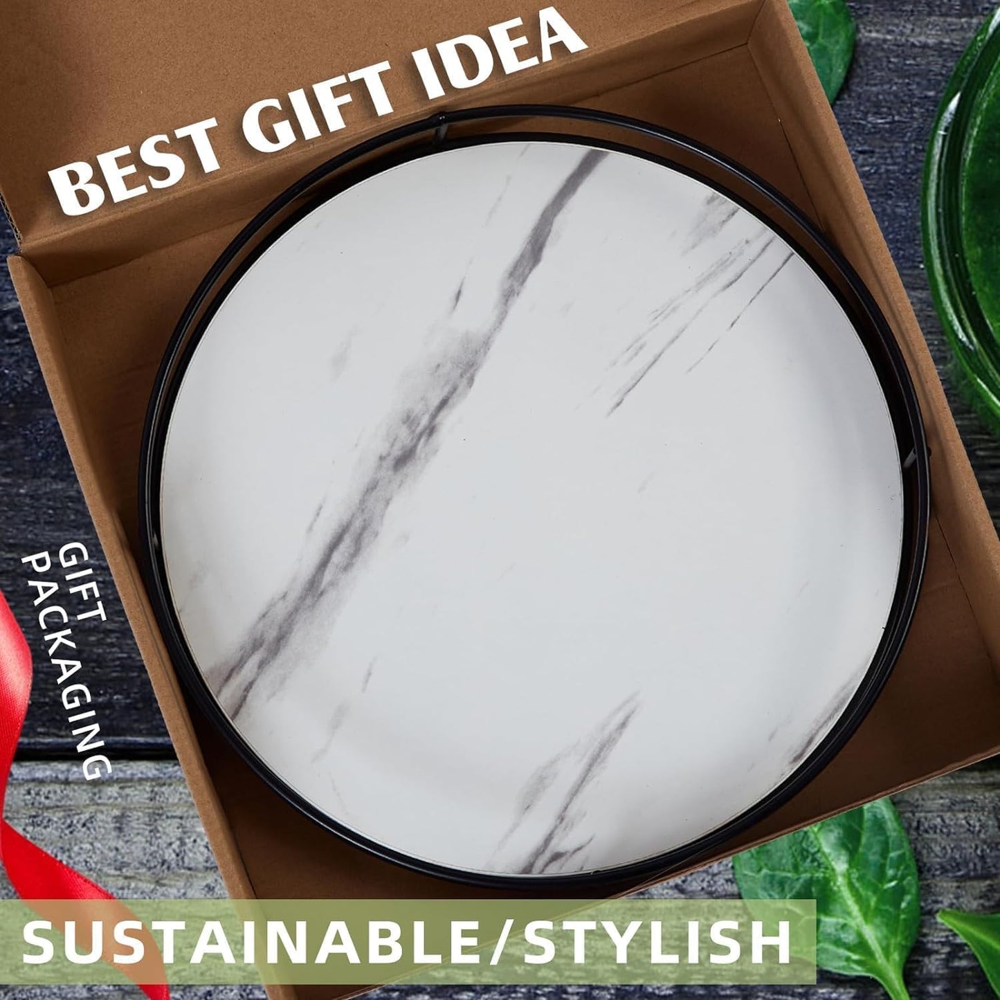 9 Inch White Wood Lazy Susan - Rustic Brown Turntable Organizer with Steel Frame, 360 Degree Decorative Turntable for Countertop or Centerpieces