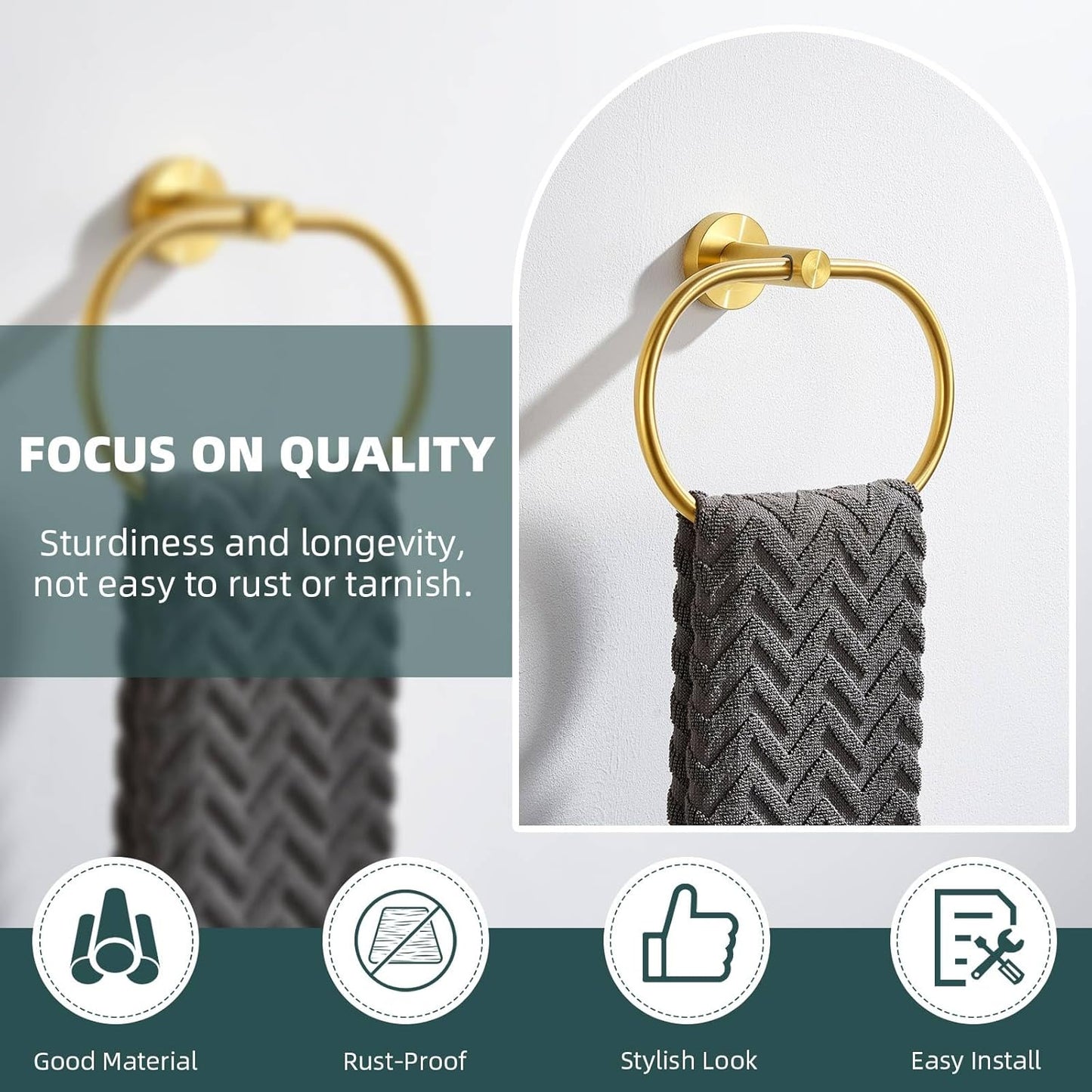 Suyar Brushed Gold Towel Ring, SUS 304 Stainless Steel Hand Towel Holder for Bathroom Wall Mount, Oval Shape