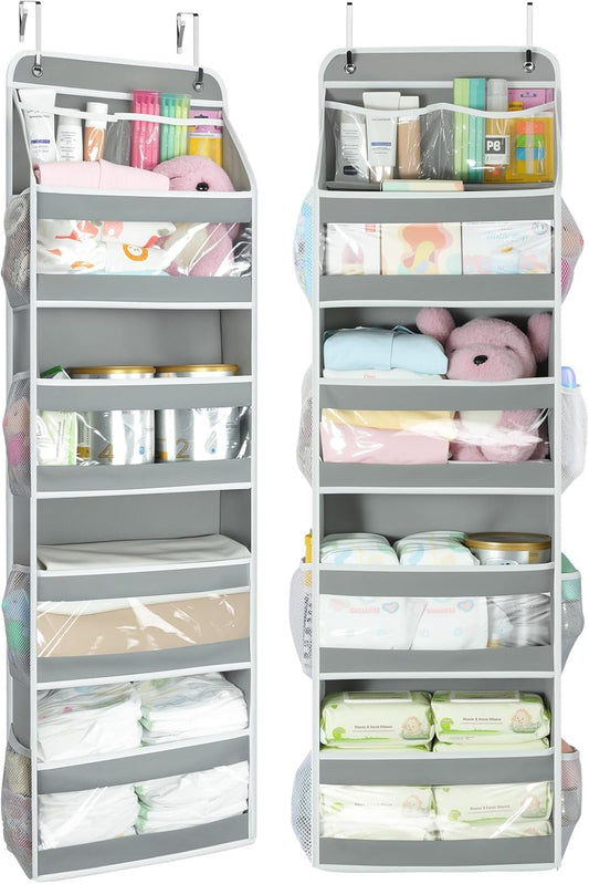 Yecaye 5 Tier 2 Pc Over the Door Organizer, Swing-proof Door Organizer Hanging with Clear PVC Windows, Behind the Door Storage for Bedroom Nursery Closet Laundry Pantry Bathroom, Grey
