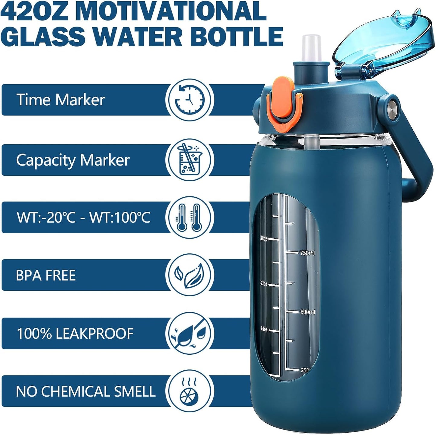 kytffu 42oz Glass Water Bottles with Straw, Motivational Glass Bottle with Silicone Sleeve and Time Marker, Leakproof Large Glass Water Jug for Gym Home Office,Blue