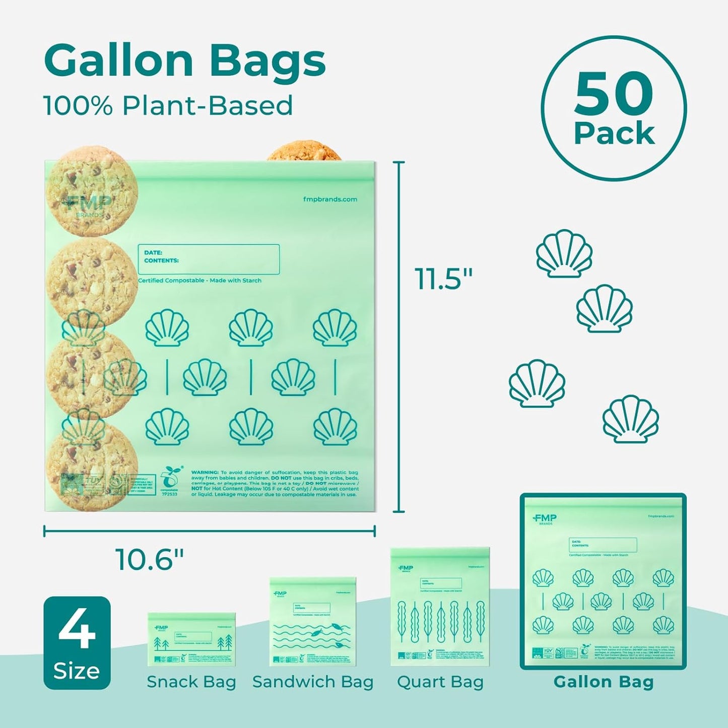 Fit Meal Prep 50 Pack 100% Compostable Food Storage Bags, 1 Gallon Freezer Bags, 10.6 x 11.5" Resealable Bag for Vegetables, Meat, Fruits, ASTM D6400, US BPI & EU OK Compost Certified
