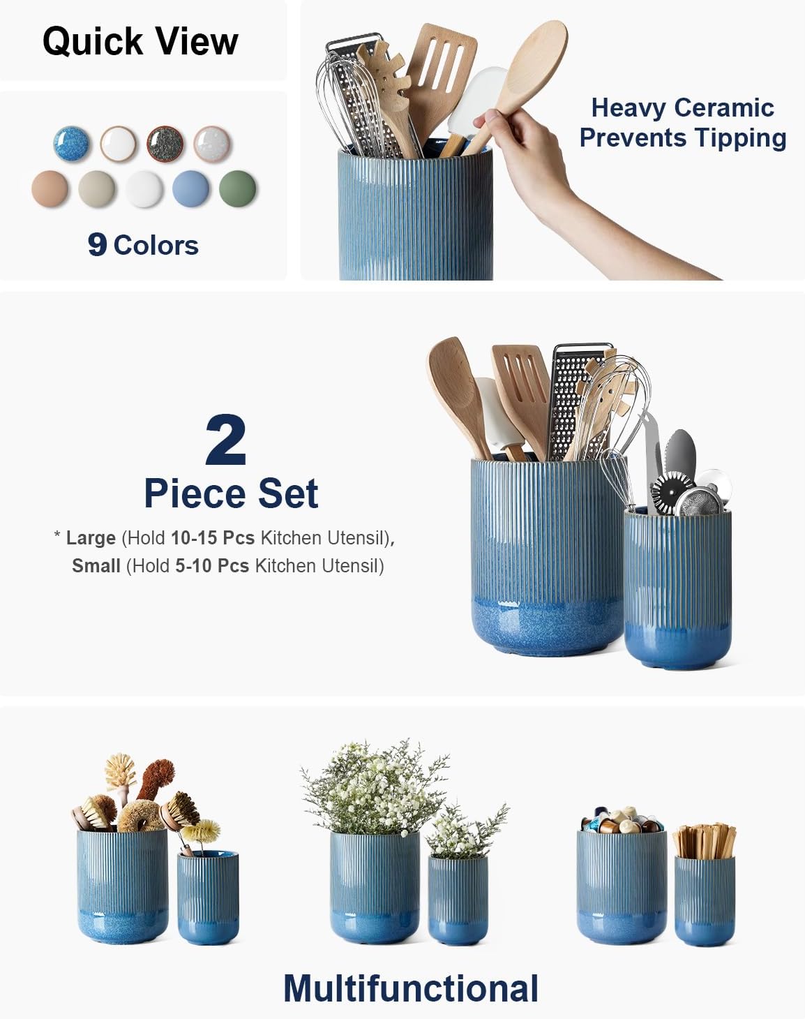 LE TAUCI Utensil Holder, 7.3"+5.4" Ceramic Kitchen Utensil Holder for Countertop, Large Cooking Utensil Crocks Gift for Mother's Day, Costal Ocean Home Kitchen Decor, Set of 2,Glaze Marble Blue