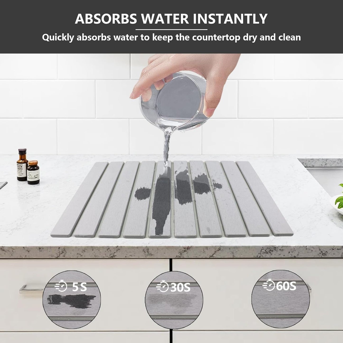 Large Stone Drying Mat for Kitchen Counter Diatomaceous Earth Collapsible 24”（L）*16”（W）Super Heat Resistant Mats, Quick Absorbent Dish Drying Rack（Gray marble）