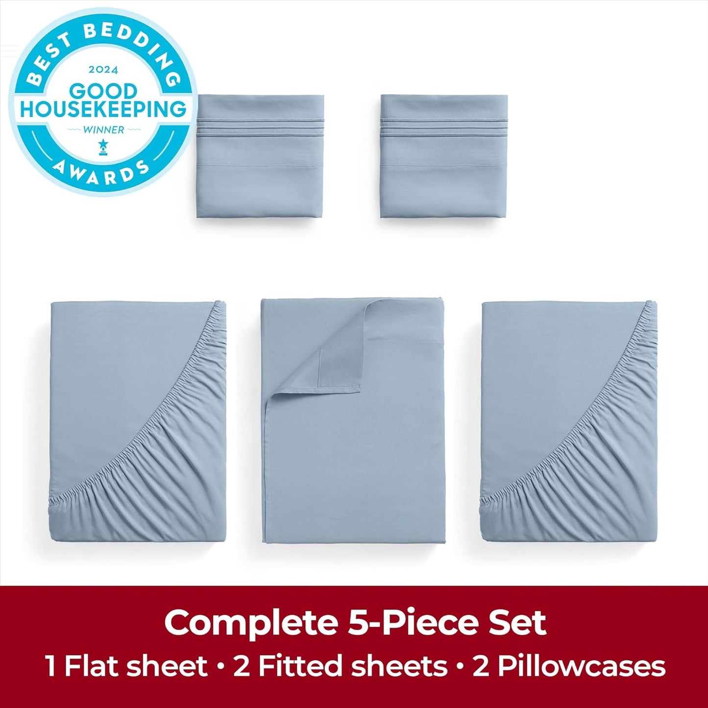 Mellanni Extra Deep Split King Sheets - 5 PC Iconic Collection Bedding - Luxury, Ultra Soft, Cooling Bed Sheets - Wrinkle, Fade, Stain Resistant (Split King, Blue Hydrangea)