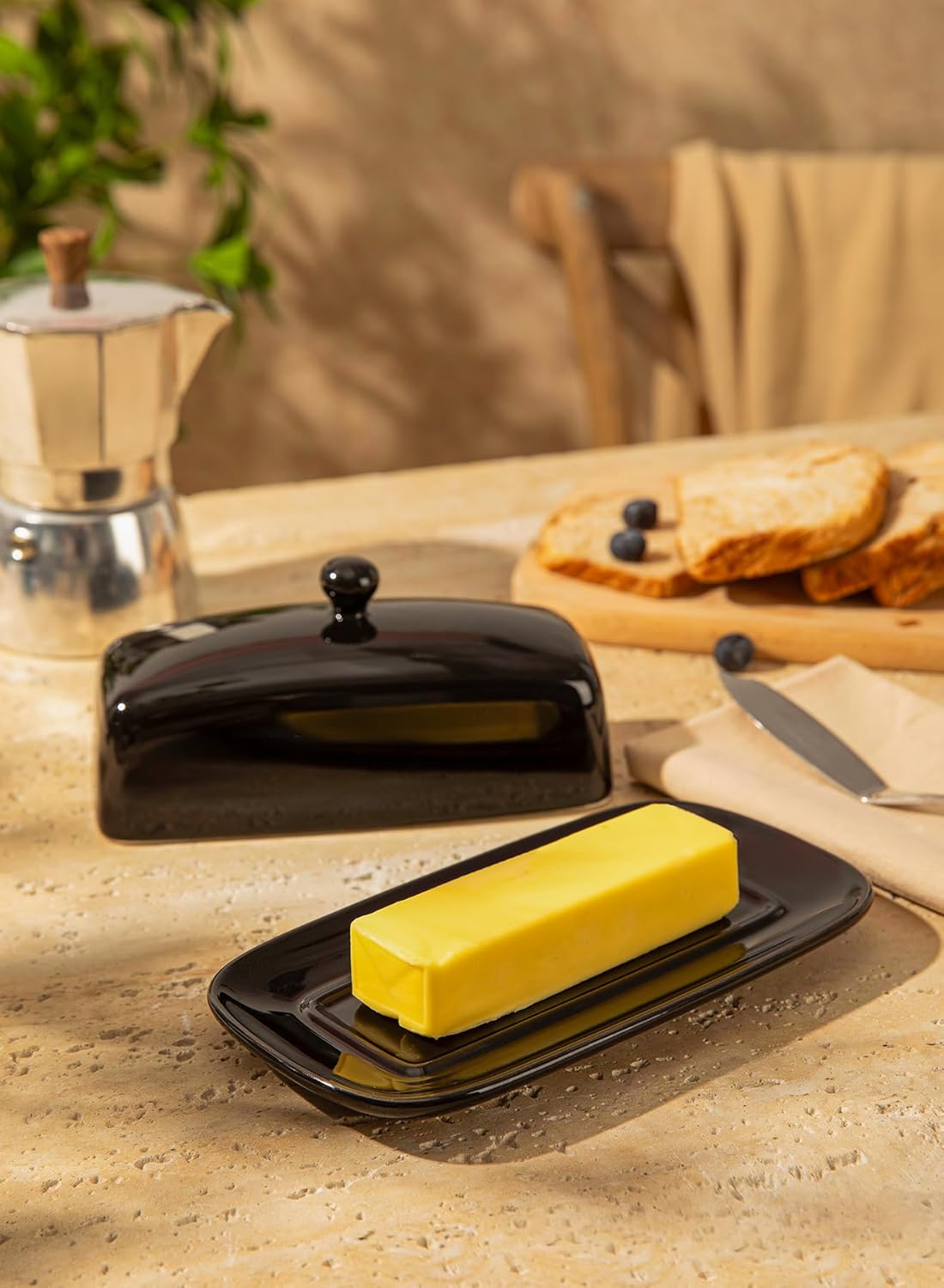 Sweese Butter Dish with Lid, Porcelain Butter Keeper, 7.8 Inch Butter Holder with Handle Cover, Butter Container Perfect for East West Coast Butter, Black