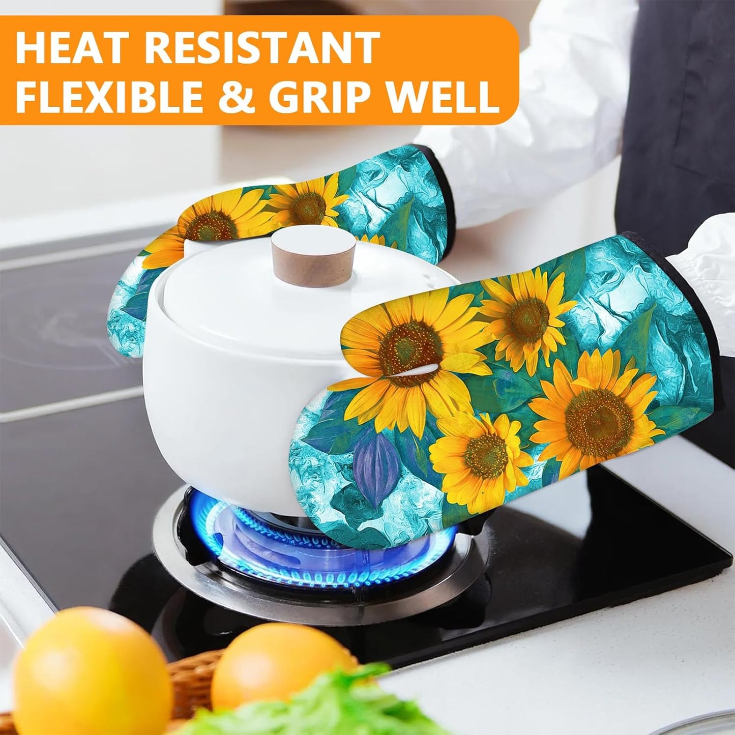 Sunflower Oven Mitts and Pot Holders Sets 4Pcs,Extra Long Oven Gloves Potholder for Kitchen Cooking Baking BBQ 100% Cotton Heat Resistant