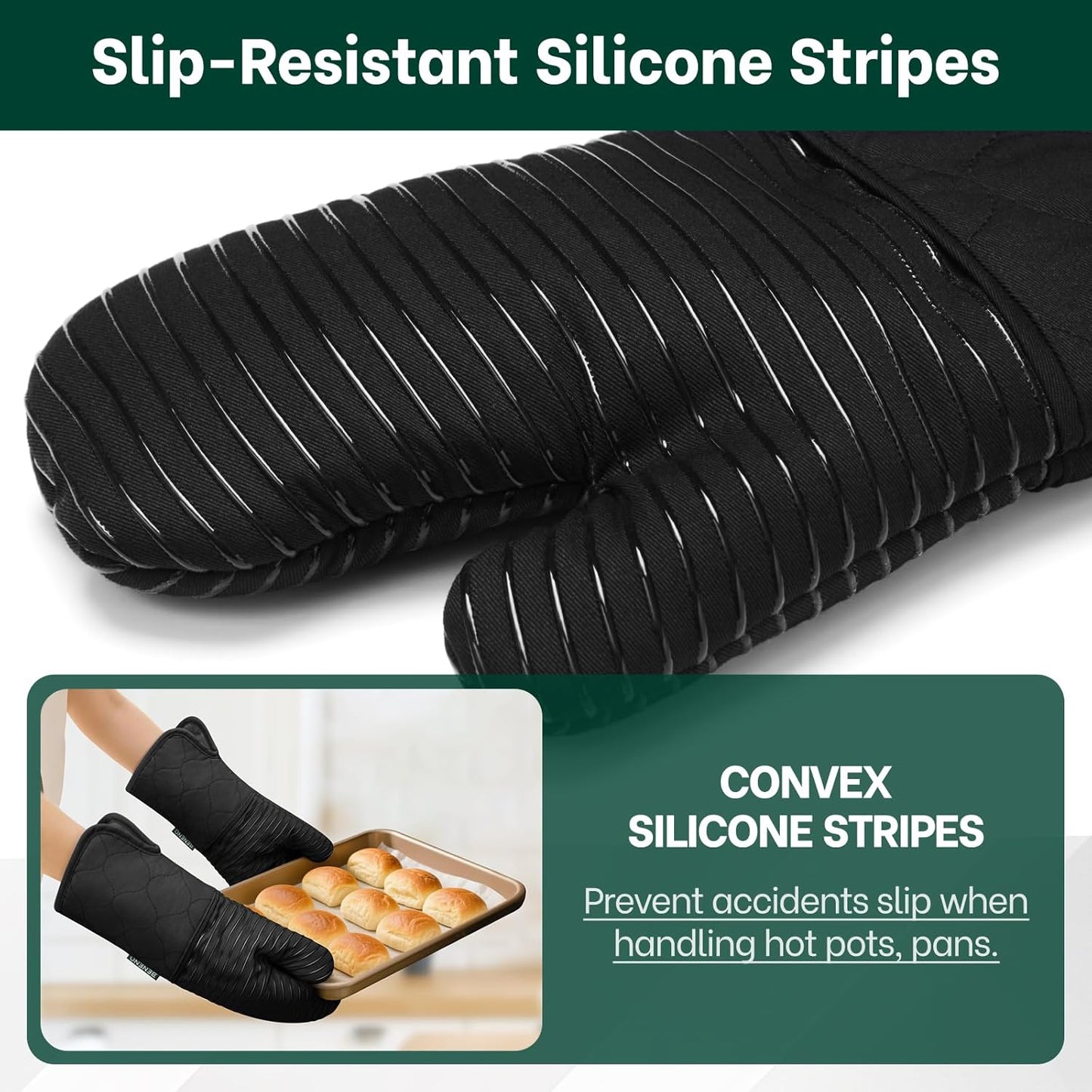 Beneno Kitchen Oven Mitts 2-Pack Heat Resistant to 500°F with Non-Slip Silicone Grip, Extra Long 14.3" Forearm Protection, Soft Quilted Cotton Terry Lining, Ideal for Cooking, Baking, Grilling, Black
