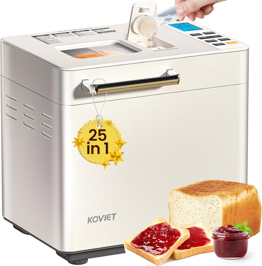 25-in-1 Bread Maker Machine with Automatic Dual Dispenser, 2LB Stainless Steel Breadmaker with Gluten-Free, Dough, Jam, Yogurt etc Settings, Beige