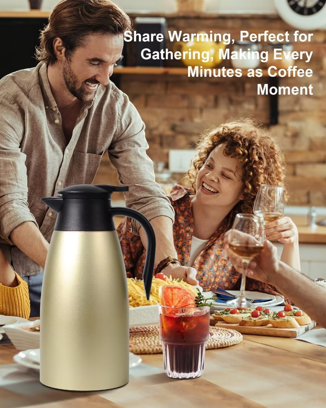 1.9L Thermal Coffee Carafe for keeping hot, Carafe for hot liquid, Airpot Insulated Coffee Carafe Stainless Steel Vacuum Thermal Pot for Coffee, Hot Water, Tea, Keep Hot 24 Hours (2 gold)