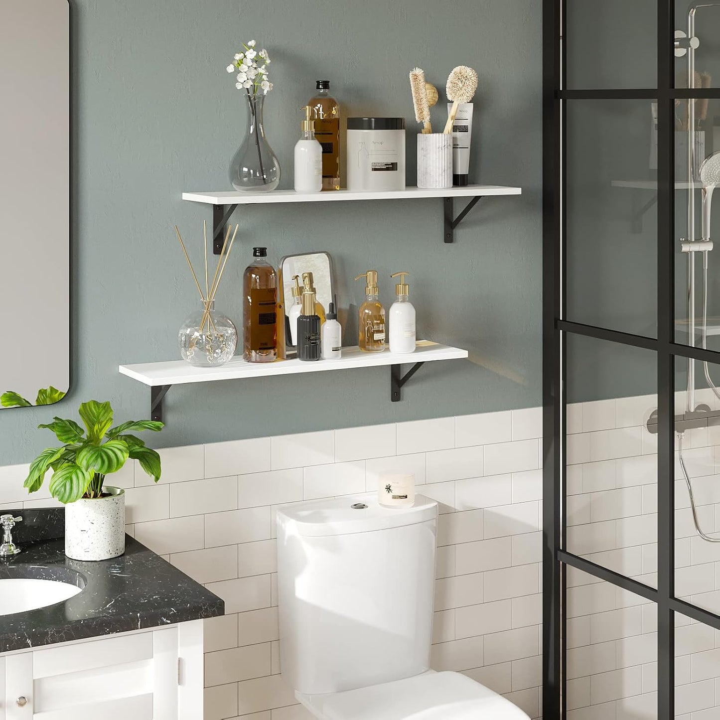 DINZI LVJ Long Wall Shelves, 24 Inch White Floating Shelves Set of 2, Easy-to-Install, Wall Storage Ledges with Sturdy Metal Brackets for Living Room, Bathroom, Bedroom, Kitchen, White