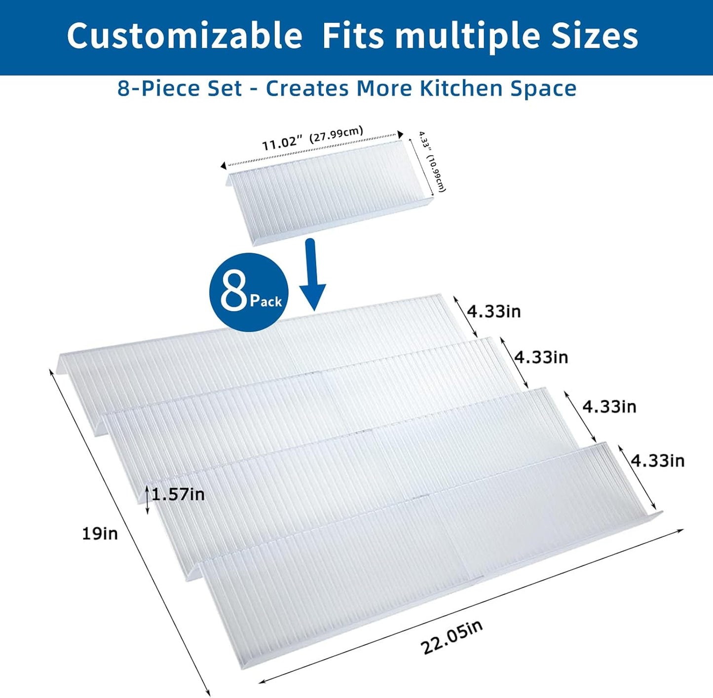 Spice Drawer Organizer, 4 Tier- 8Pack Clear Acrylic Drawer Spice Rack, Spice Organization for Drawer,Spice Rack for Kitchen Drawers (Expands from 11'' to 22'')