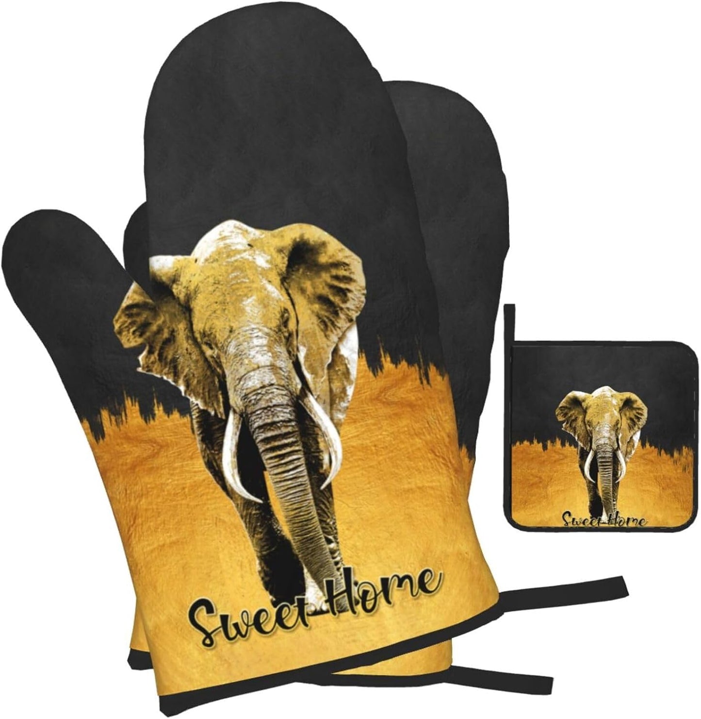 Elephant Oven Mitts and Pot Holders Sets of 3 Black Gold Hot Pads Oven Gloves Heat Resistant Non Slip Washable for Kitchen Cooking Grilling Baking